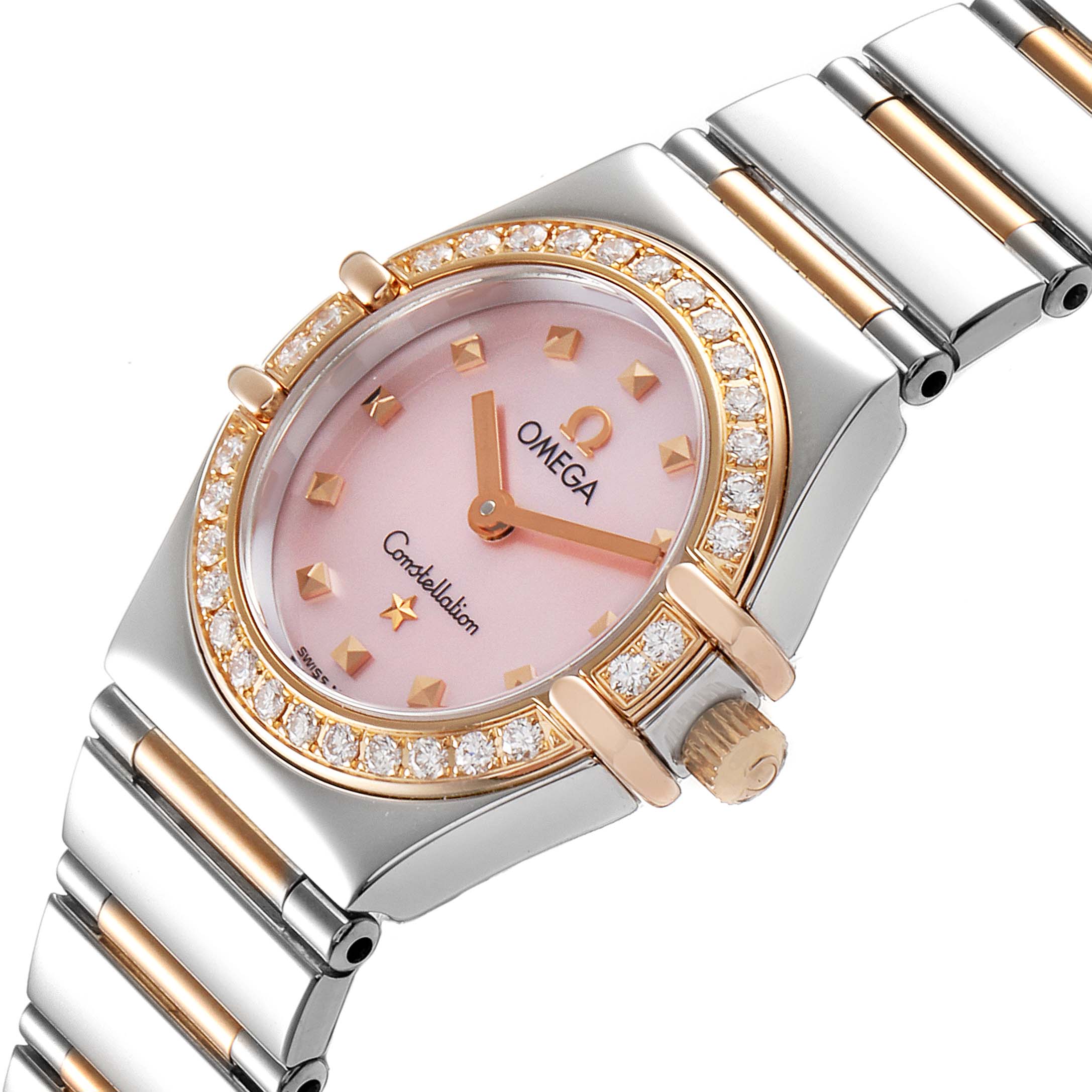 The angle shows an Omega 1365.71.00 Women
s Steel and Gold (two tone) Mother of Pearl Dial 1365.71.00 Women
s Steel and Gold (two tone) Mother of Pearl Dial Constellation Steel Rose Gold Diamond Mini Ladies Watch 1365.71.00, highlighting the face, bezel, and bracelet.