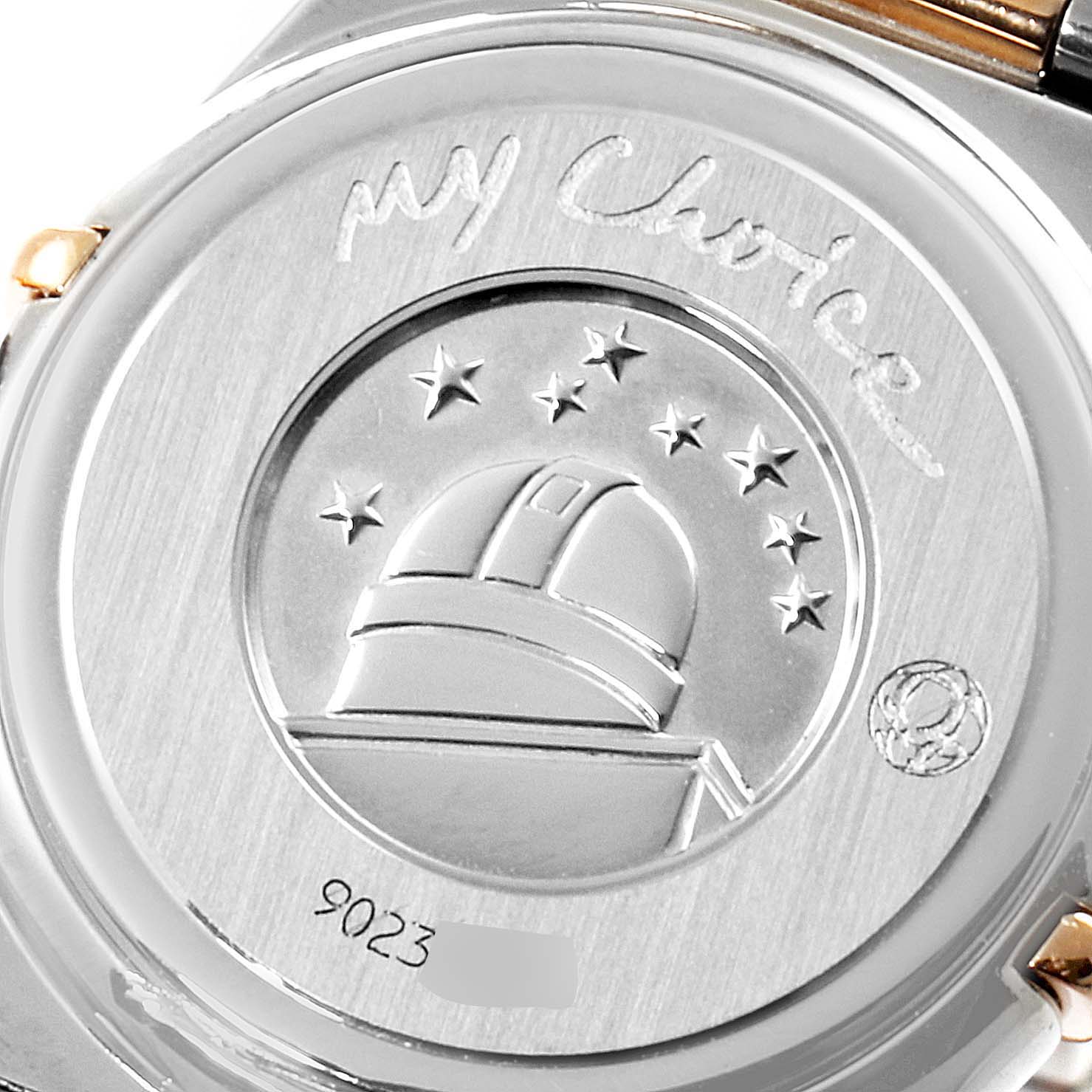 This image shows the engraved case back of the Omega 1365.71.00 Women
s Steel and Gold (two tone) Mother of Pearl Dial 1365.71.00 Women
s Steel and Gold (two tone) Mother of Pearl Dial Constellation Steel Rose Gold Diamond Mini Ladies Watch 1365.71.00.