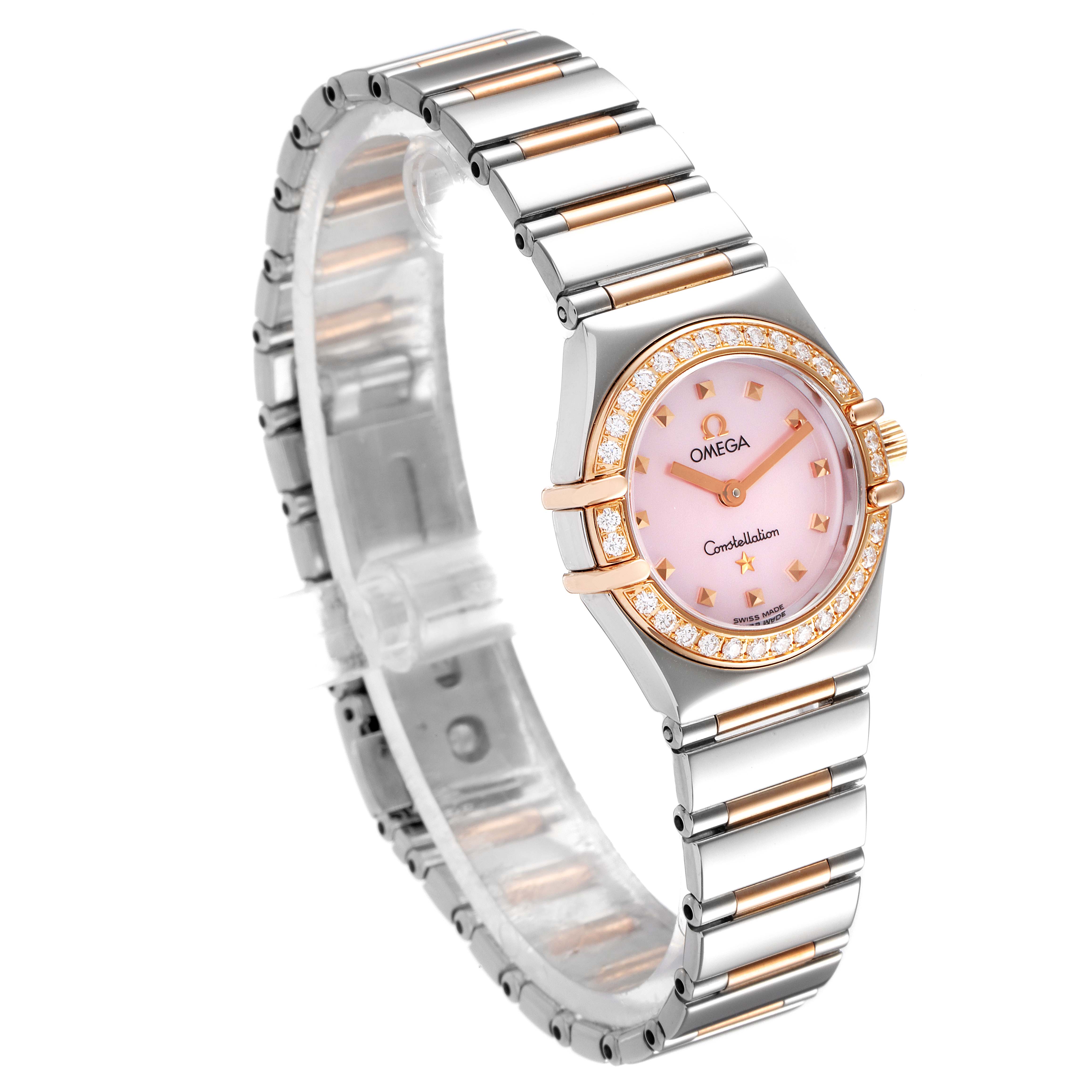 The Omega 1365.71.00 Women
s Steel and Gold (two tone) Mother of Pearl Dial 1365.71.00 Women
s Steel and Gold (two tone) Mother of Pearl Dial Constellation Steel Rose Gold Diamond Mini Ladies Watch 1365.71.00 is shown at a slight angle, highlighting the dial, bezel, and bracelet.