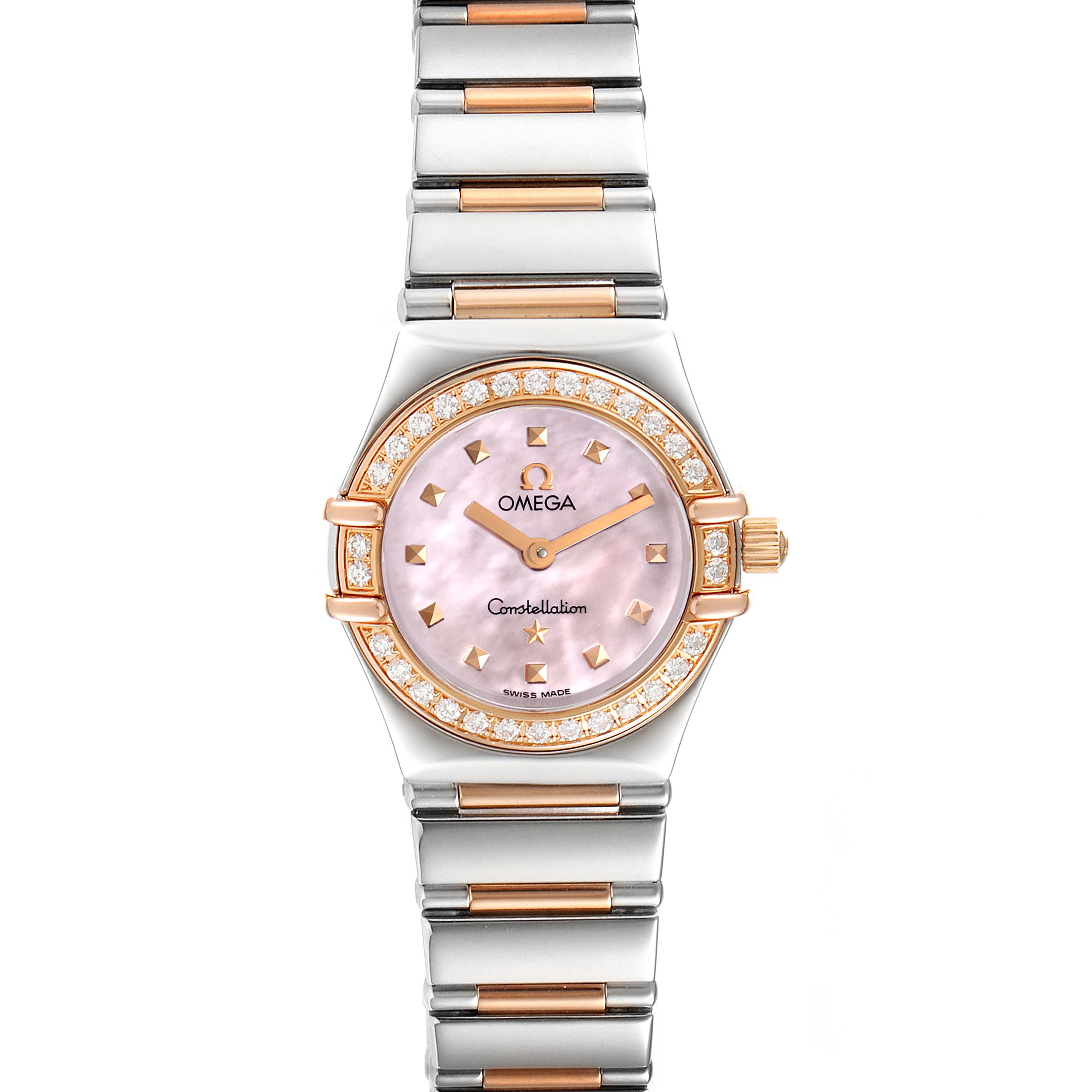 The Omega 1365.71.00 Women
s Steel and Gold (two tone) Mother of Pearl Dial 1365.71.00 Women
s Steel and Gold (two tone) Mother of Pearl Dial Constellation Steel Rose Gold Diamond Mini Ladies Watch 1365.71.00 is shown from a front angle displaying its face and bracelet.