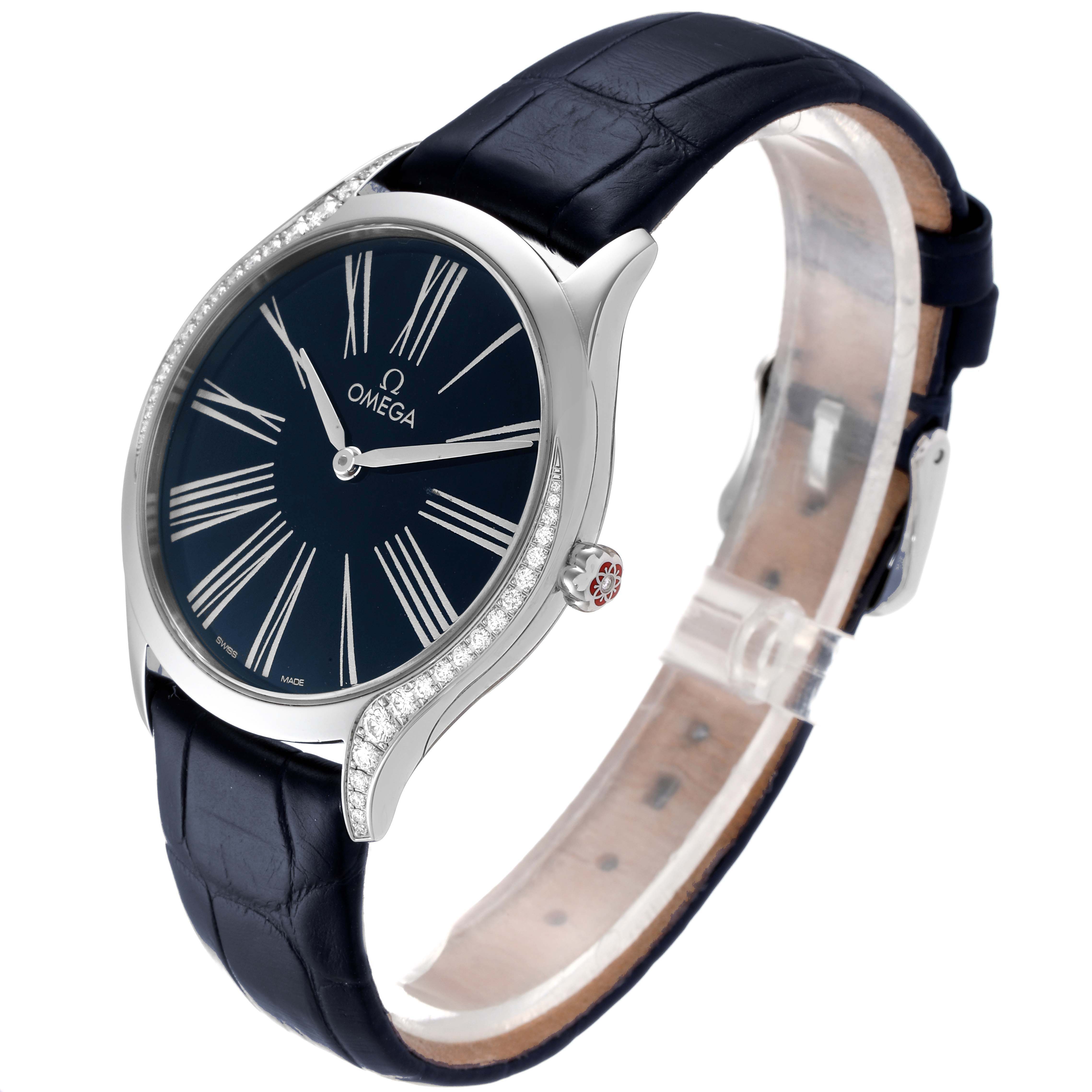The Omega 428.18.36.60.03.001 Women's Stainless Steel Blue Dial 428.18.36.60.03.001 Women's Stainless Steel Blue Dial De Ville Tresor Blue Dial Diamond Steel Ladies Watch 428.18.36.60.03.001 is shown at an oblique angle showcasing the dial, case, and leather strap.