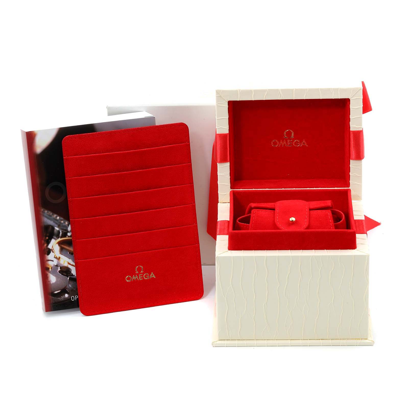 The image shows the packaging of the Omega 428.18.36.60.03.001 Women's Stainless Steel Blue Dial 428.18.36.60.03.001 Women's Stainless Steel Blue Dial De Ville Tresor Blue Dial Diamond Steel Ladies Watch 428.18.36.60.03.001, including a red velvet box and cardholder.