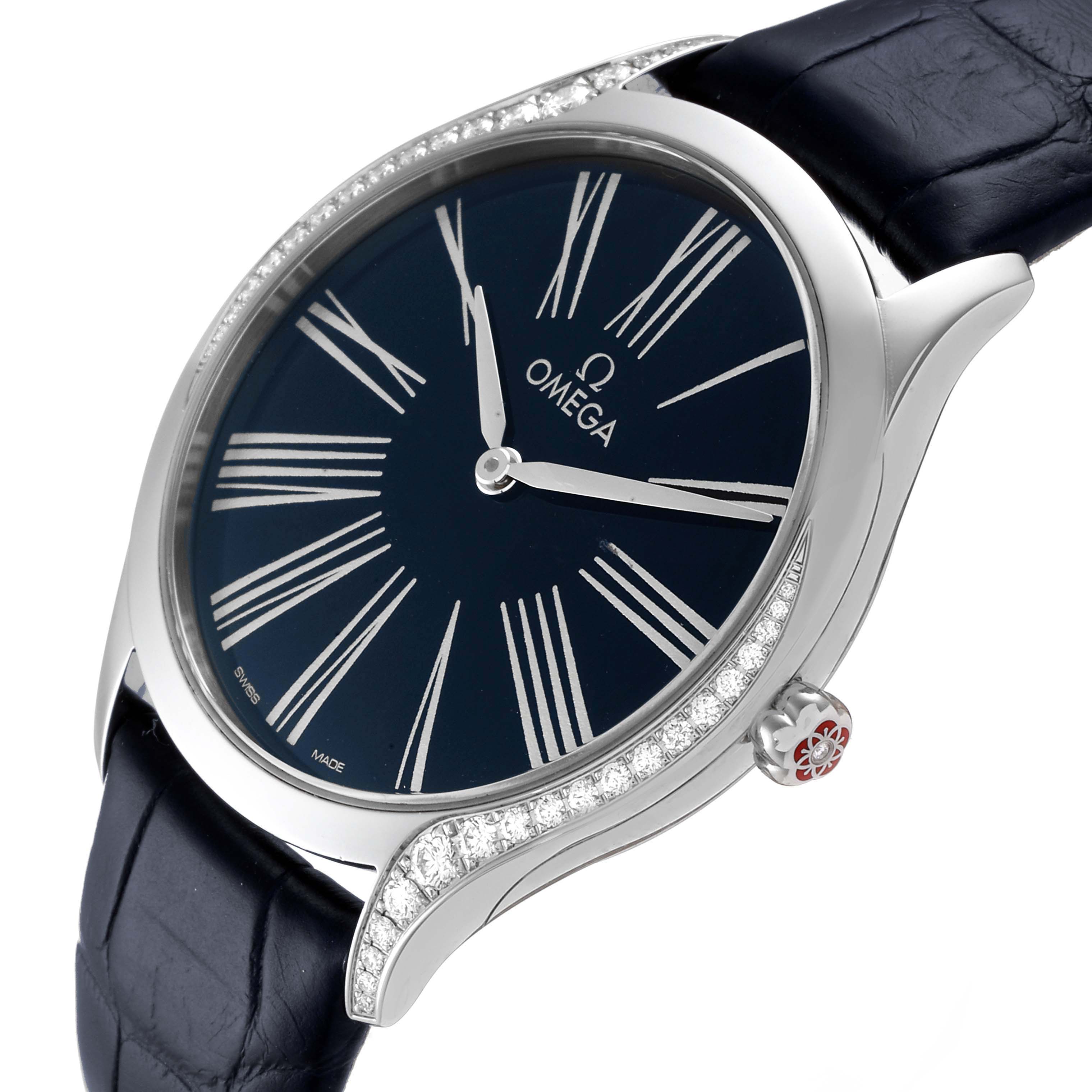 The angle showcases the Omega 428.18.36.60.03.001 Women's Stainless Steel Blue Dial 428.18.36.60.03.001 Women's Stainless Steel Blue Dial De Ville Tresor Blue Dial Diamond Steel Ladies Watch model 428.18.36.60.03.001's face and part of its strap.
