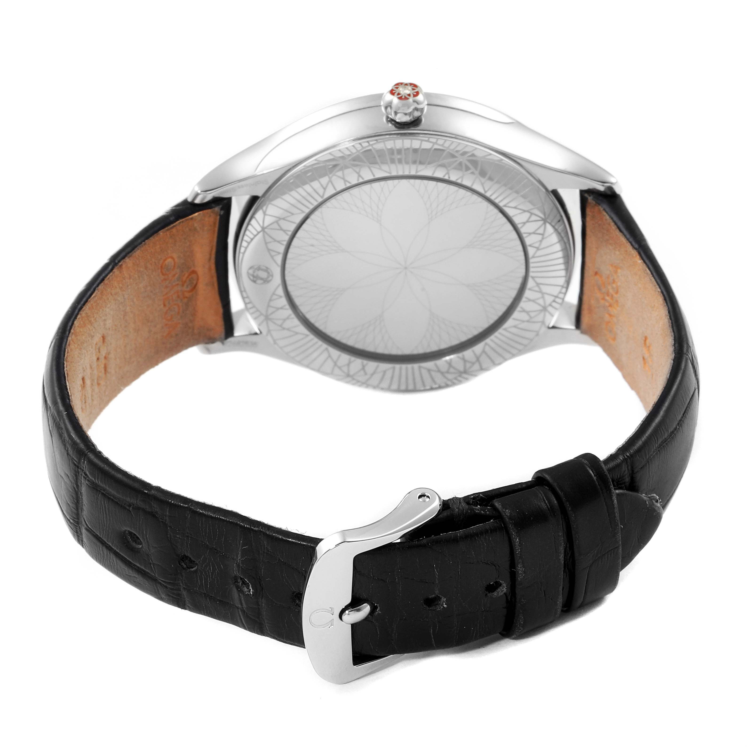 This image shows the back view of the Omega 428.18.36.60.03.001 Women's Stainless Steel Blue Dial 428.18.36.60.03.001 Women's Stainless Steel Blue Dial De Ville Tresor Blue Dial Diamond Steel Ladies Watch, model 428.18.36.60.03.001, including the leather strap and clasp.