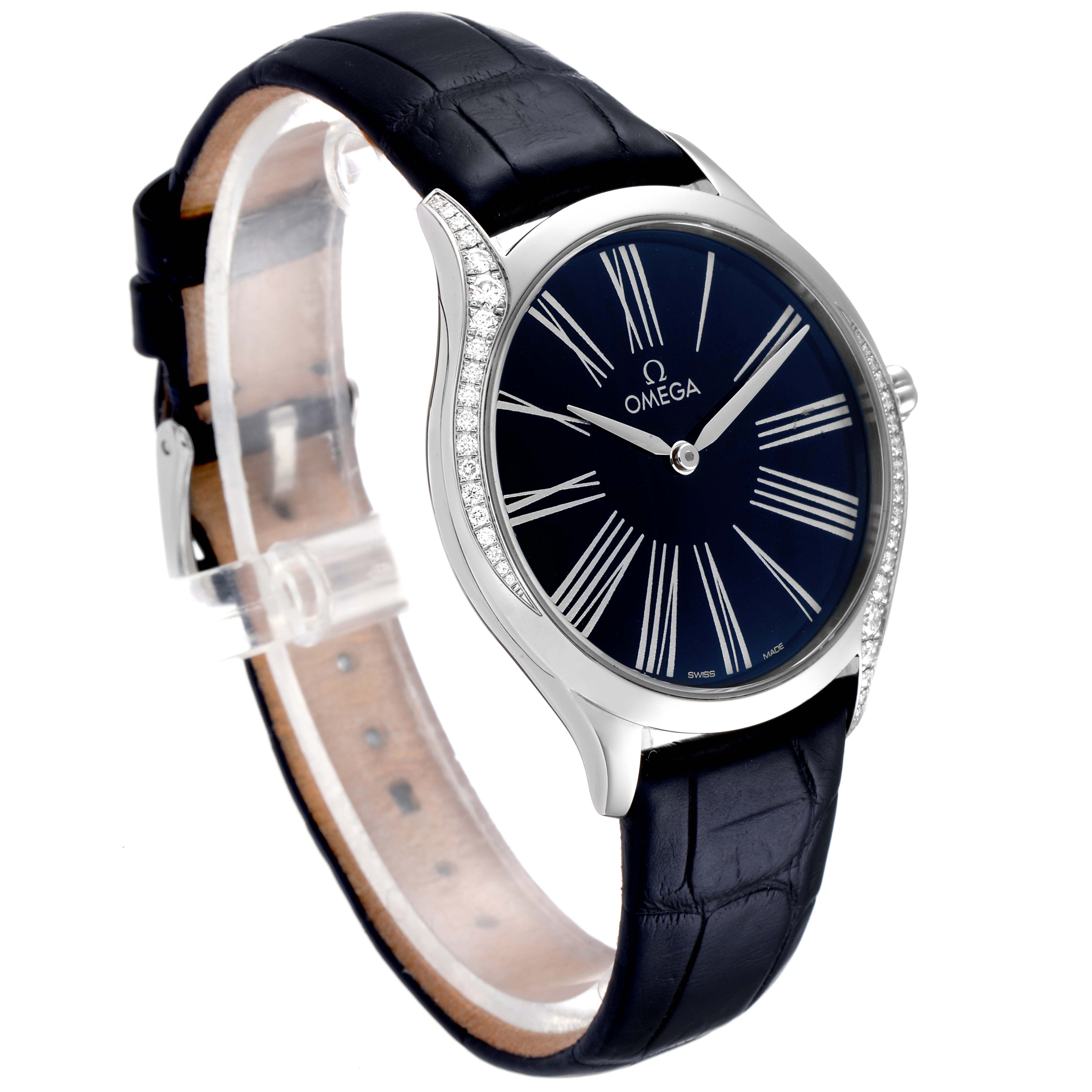 The Omega 428.18.36.60.03.001 Women's Stainless Steel Blue Dial 428.18.36.60.03.001 Women's Stainless Steel Blue Dial De Ville Tresor 428.18.36.60.03.001 is shown at a side angle, highlighting the blue dial, diamond bezel, and leather strap.