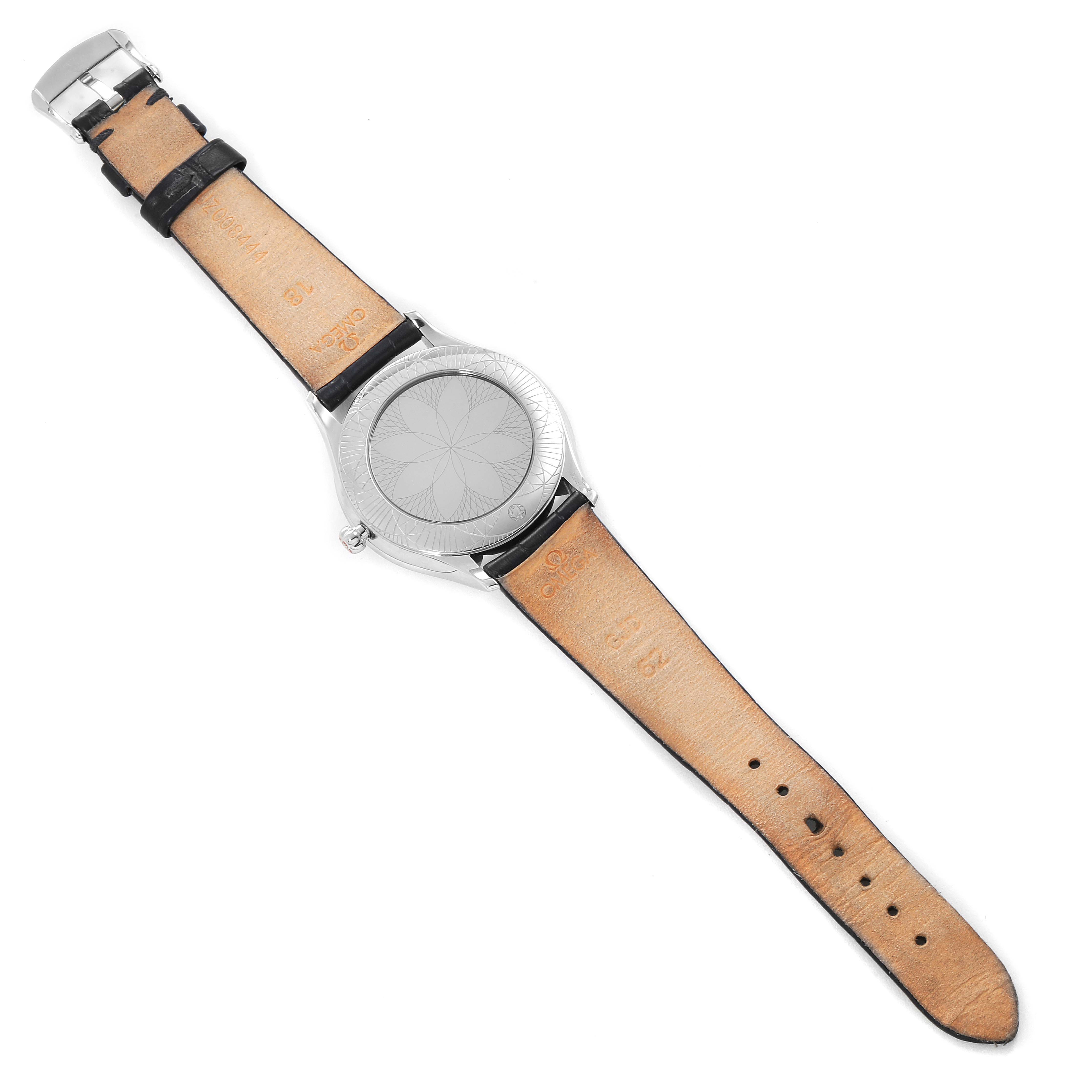 This image shows the back view of an Omega 428.18.36.60.03.001 Women's Stainless Steel Blue Dial 428.18.36.60.03.001 Women's Stainless Steel Blue Dial De Ville Tresor Blue Dial Diamond Steel Ladies Watch 428.18.36.60.03.001 with a leather strap.