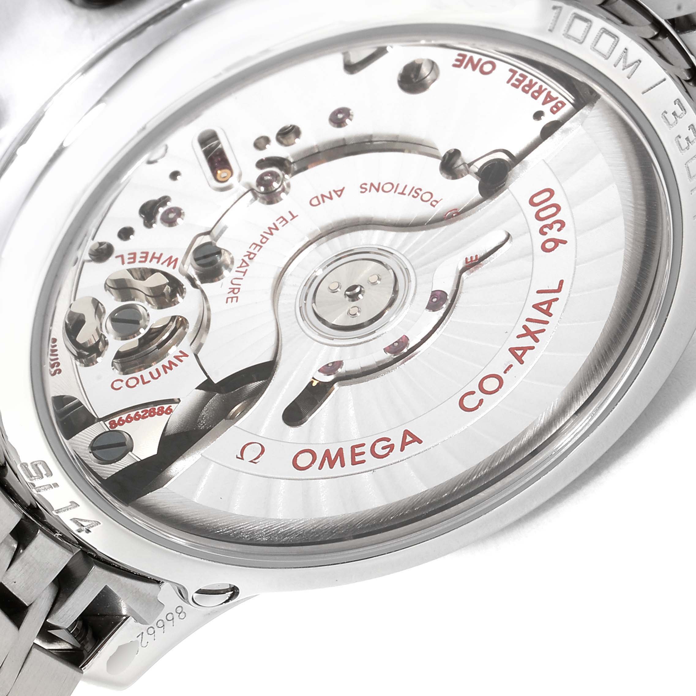 This is the back view of the Omega De Ville 431.10.42.51.02.001 Men's Stainless Steel Silver Dial 431.10.42.51.02.001 Men's Stainless Steel Silver Dial watch, showing the intricate details of its Co-Axial 9300 movement.