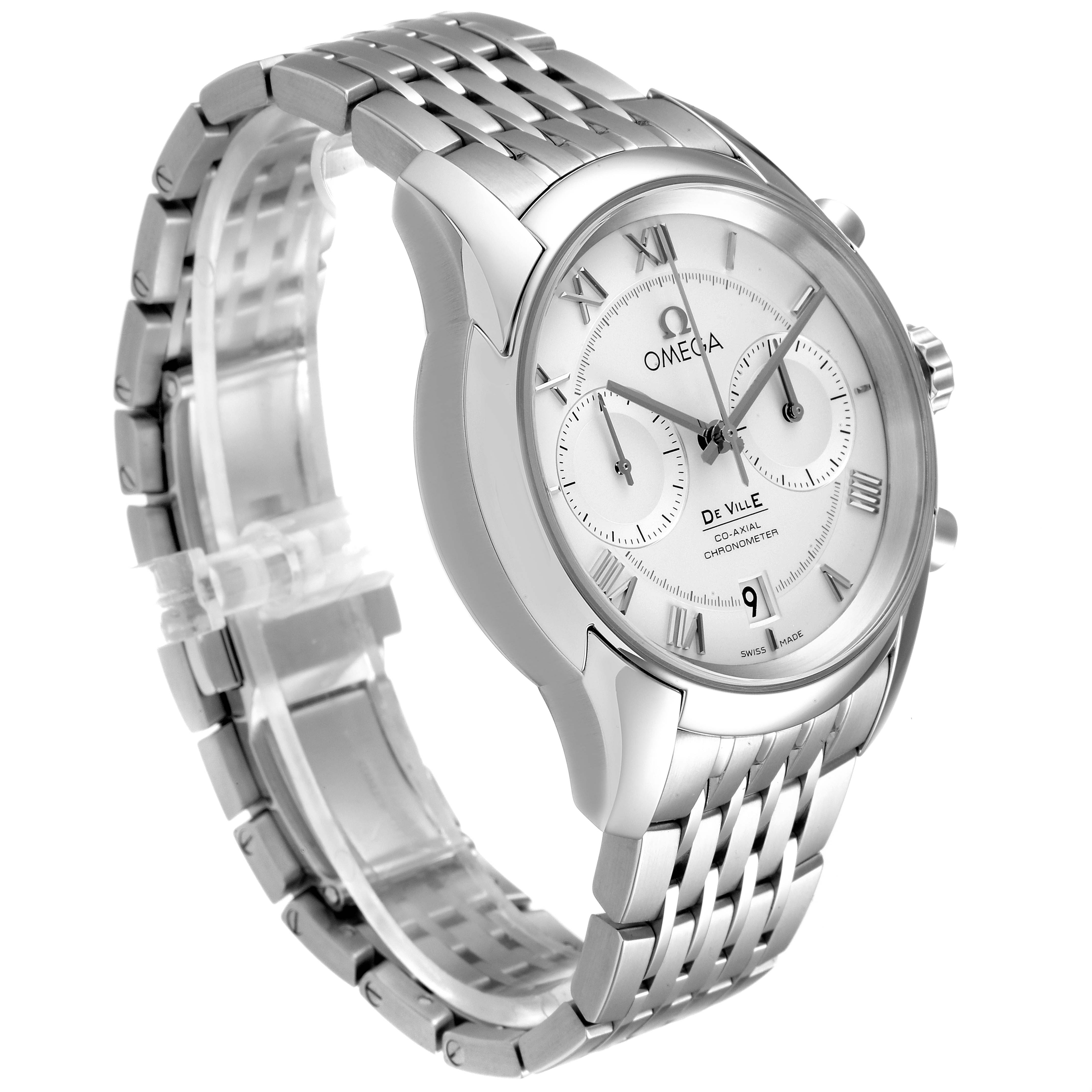 The image shows a side angle view of the Omega De Ville 431.10.42.51.02.001 Men's Stainless Steel Silver Dial 431.10.42.51.02.001 Men's Stainless Steel Silver Dial watch, highlighting the dial, case, and stainless steel bracelet.