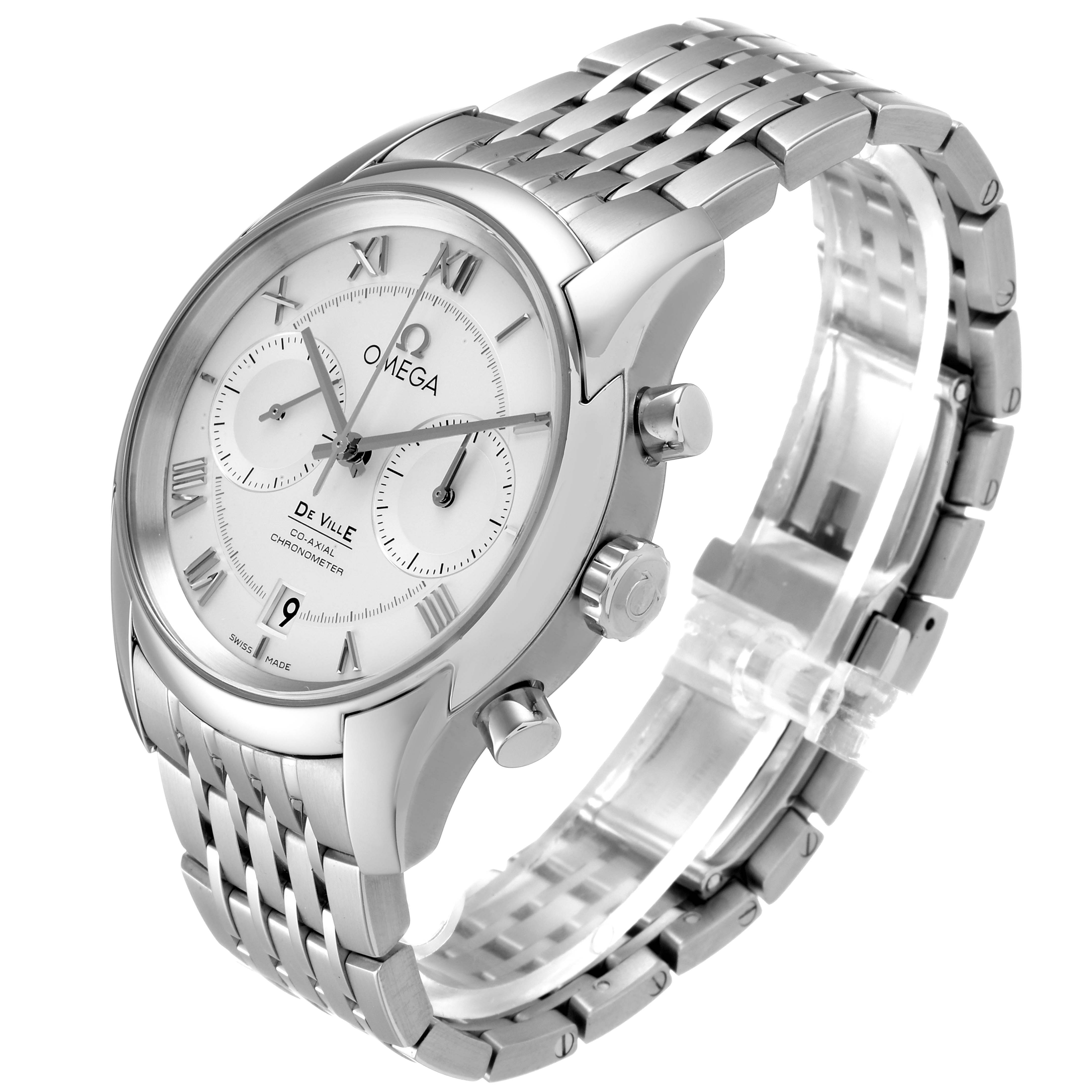The image shows an angled view of the Omega De Ville 431.10.42.51.02.001 Men's Stainless Steel Silver Dial 431.10.42.51.02.001 Men's Stainless Steel Silver Dial watch, highlighting its face, chronograph subdials, and metal bracelet.