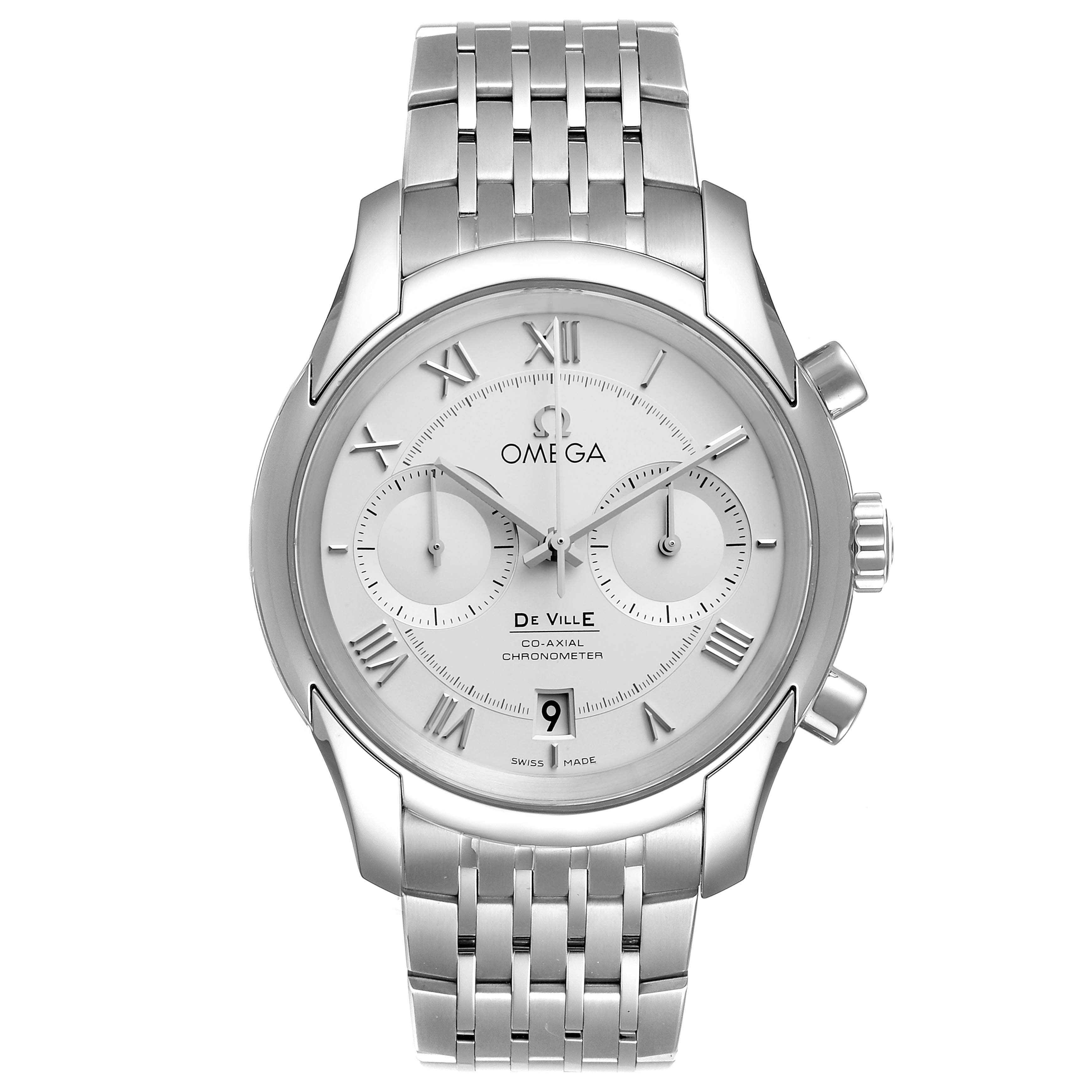 The Omega De Ville 431.10.42.51.02.001 Men's Stainless Steel Silver Dial 431.10.42.51.02.001 Men's Stainless Steel Silver Dial watch is shown from a front angle, displaying its face, dial, and metal strap.