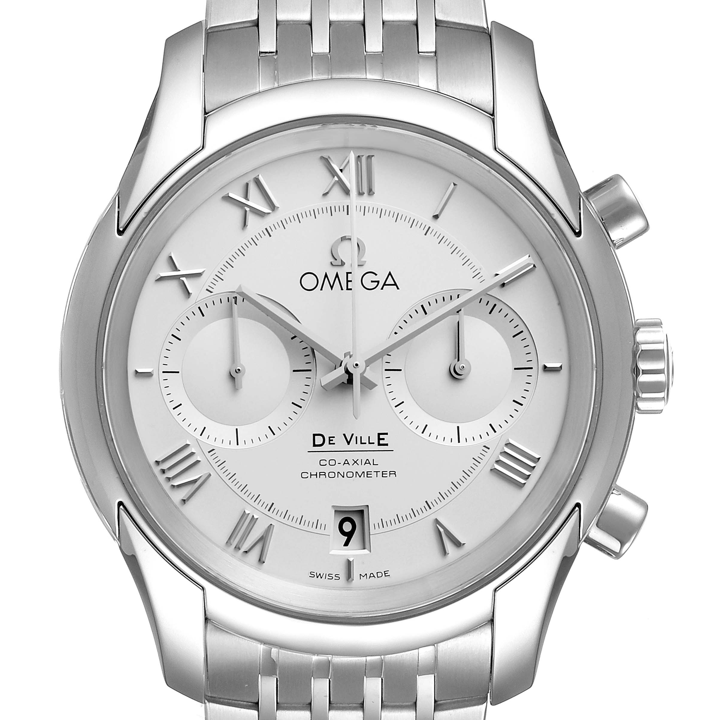 This image of an Omega De Ville 431.10.42.51.02.001 Men's Stainless Steel Silver Dial 431.10.42.51.02.001 Men's Stainless Steel Silver Dial watch shows a front view, displaying its dial, hands, subdials, and date window.
