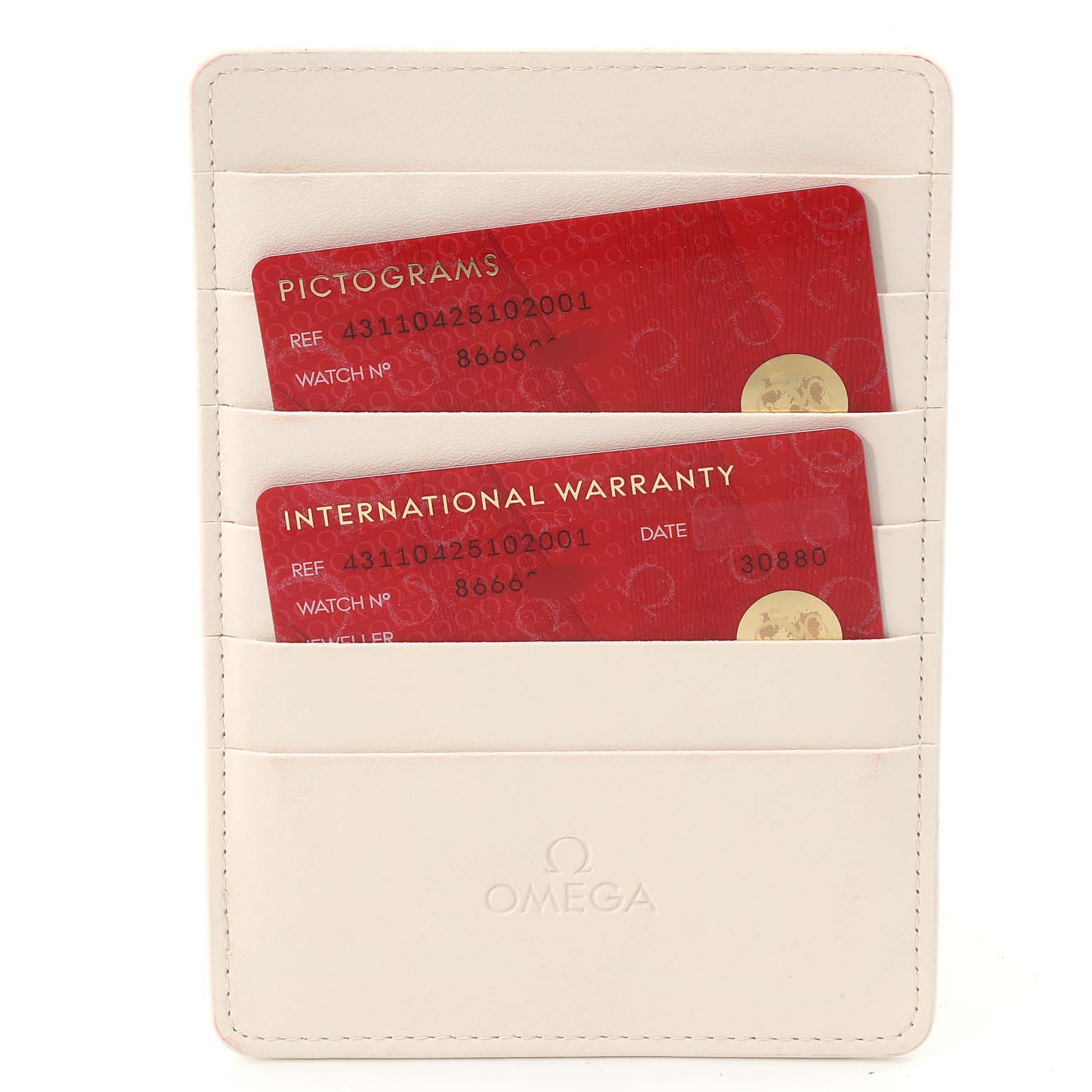 This image shows the Omega De Ville 431.10.42.51.02.001 Men's Stainless Steel Silver Dial 431.10.42.51.02.001 Men's Stainless Steel Silver Dial model warranty cardholder, displaying "PICTOGRAMS" and "INTERNATIONAL WARRANTY" cards.