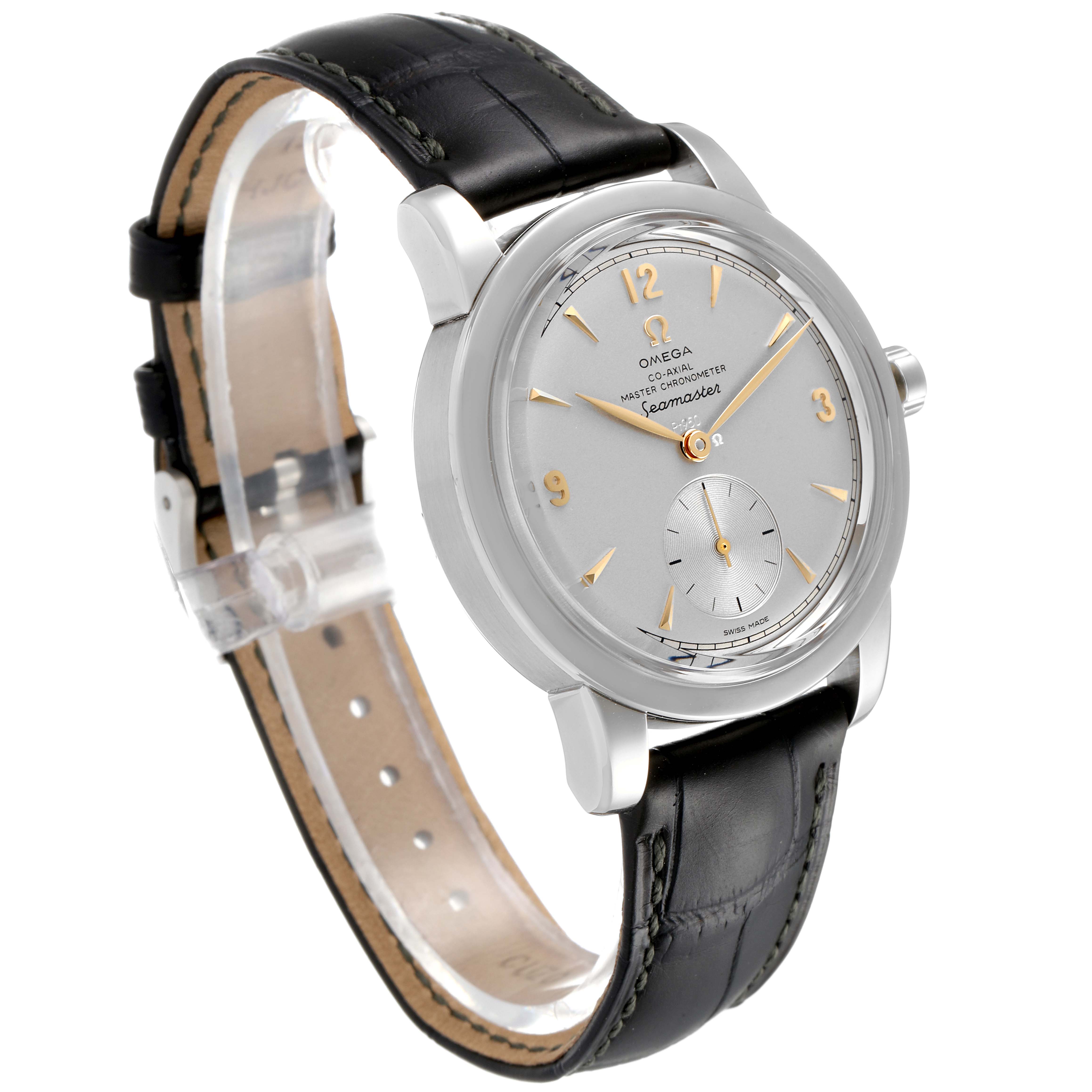 This image shows an angled view of an Omega Museum 511.93.38.20.99.001 Men's Platinum Silver Dial 511.93.38.20.99.001 Men's Platinum Silver Dial model watch highlighting the dial, hands, bezel, and black leather strap.