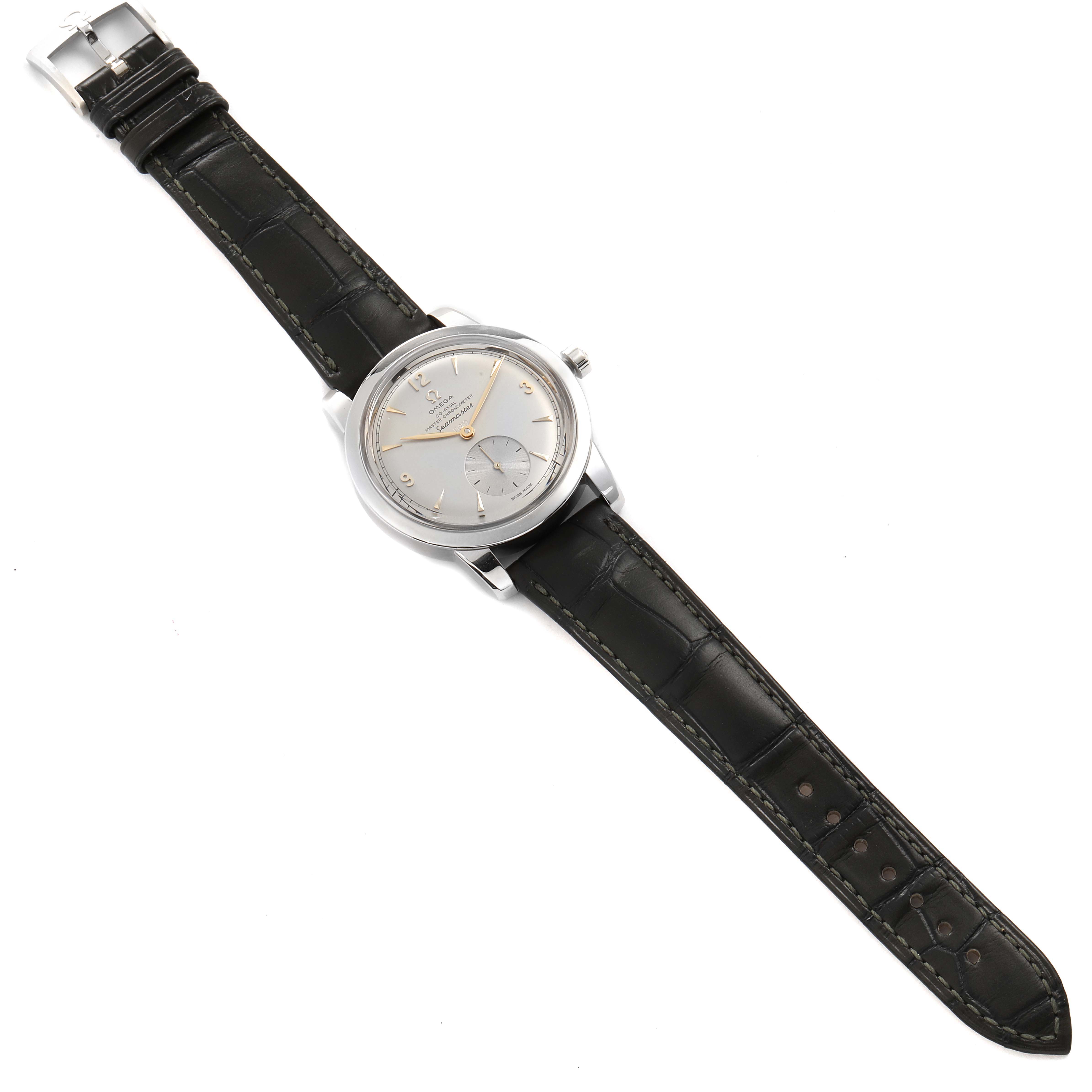 The Omega Museum 511.93.38.20.99.001 Men's Platinum Silver Dial 511.93.38.20.99.001 Men's Platinum Silver Dial model watch is shown from a top view, displaying its face, crown, and full leather strap.