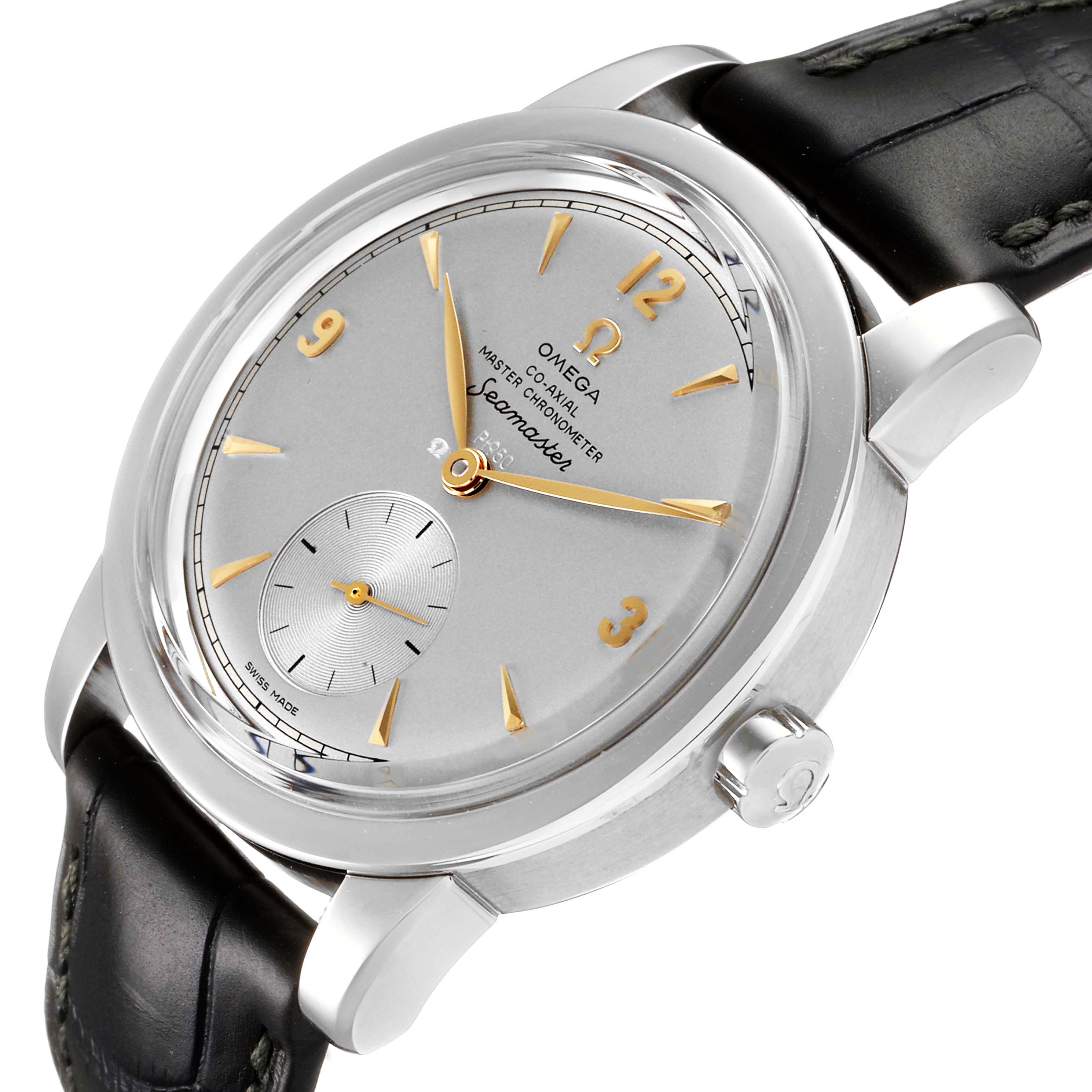 The image shows an angled view of the Omega Museum 511.93.38.20.99.001 Men's Platinum Silver Dial 511.93.38.20.99.001 Men's Platinum Silver Dial Seamaster watch, highlighting the dial, bezel, crown, and part of the strap.