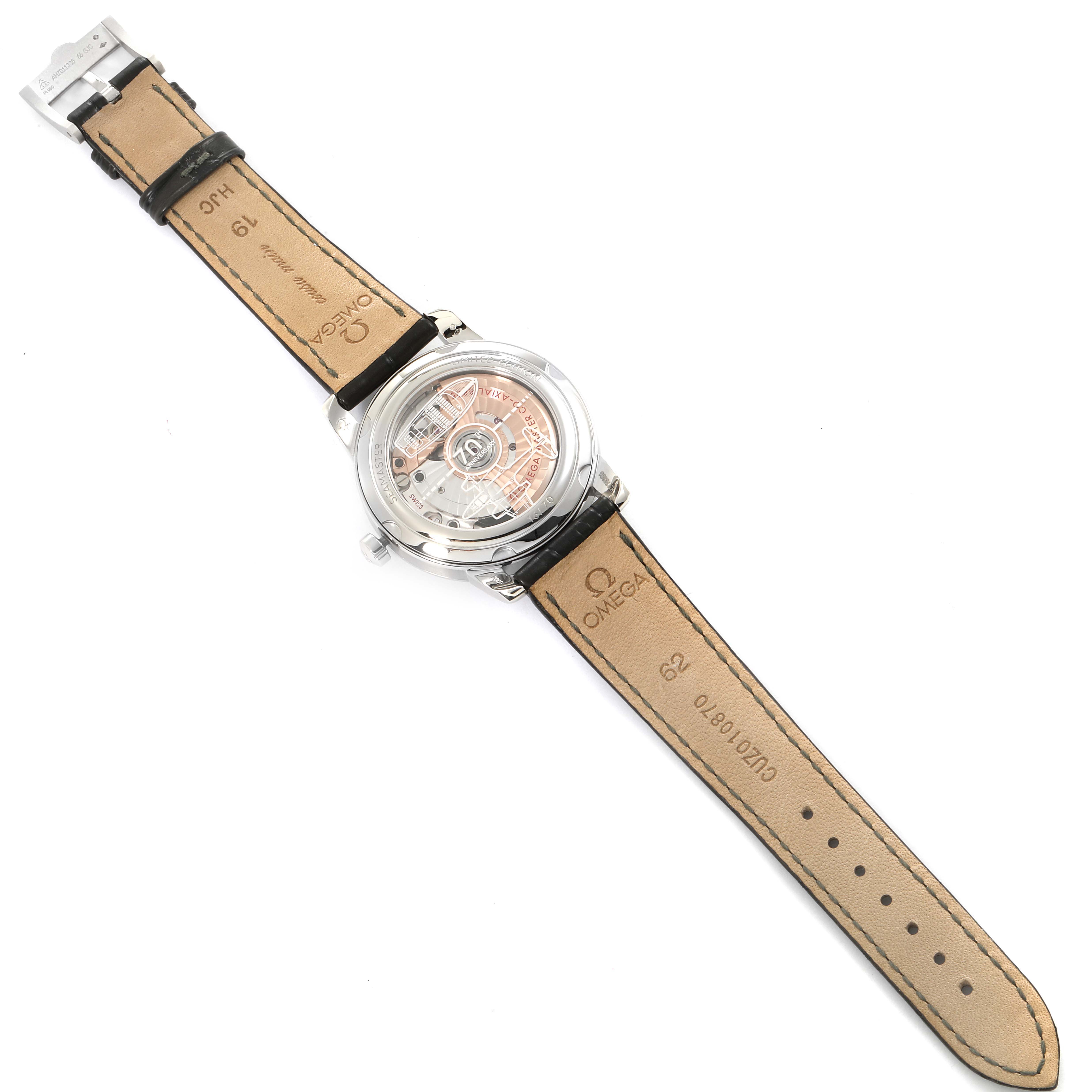 The image shows the back view of an Omega Museum 511.93.38.20.99.001 Men's Platinum Silver Dial 511.93.38.20.99.001 Men's Platinum Silver Dial model watch, including its transparent case back and leather straps.