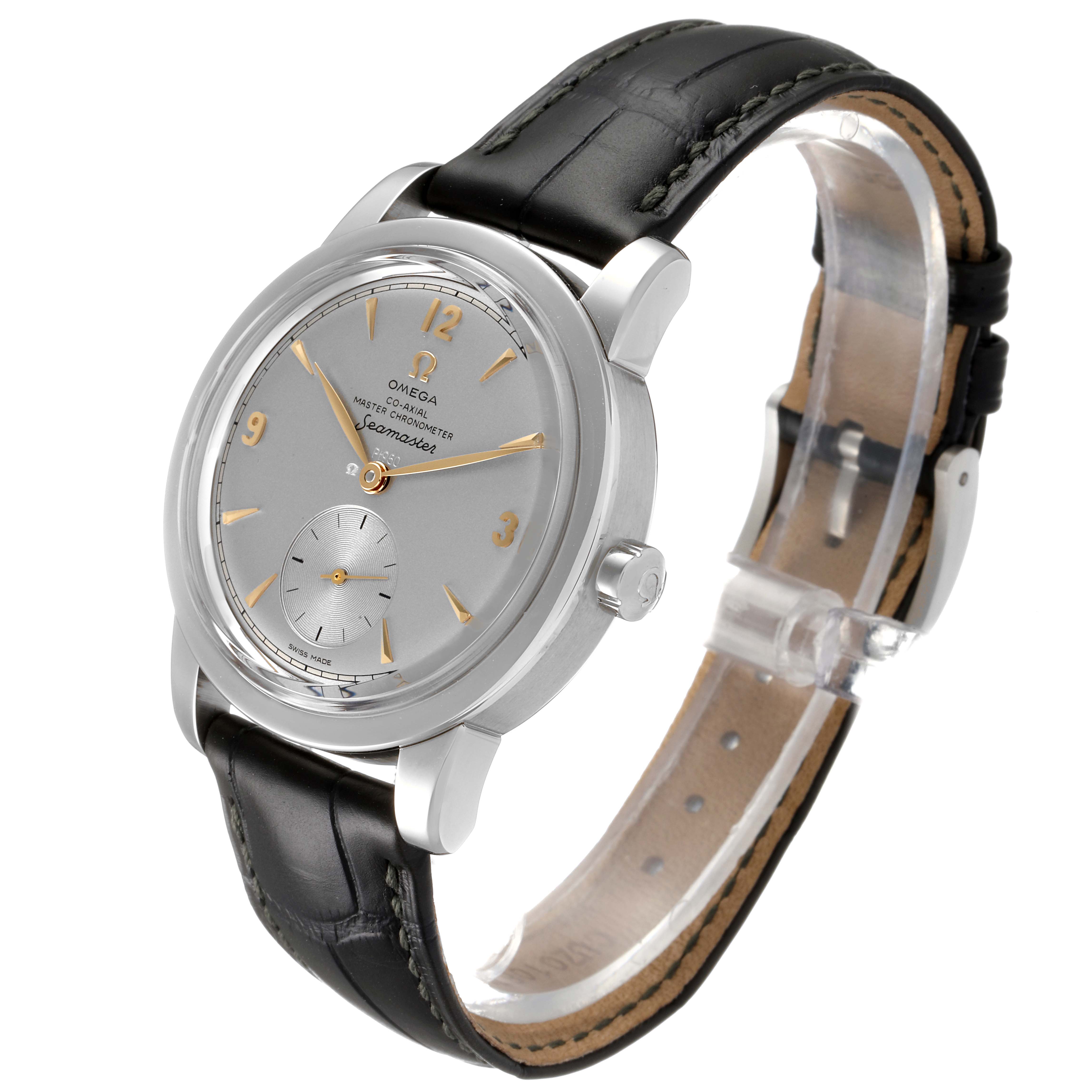 The Omega Museum 511.93.38.20.99.001 Men's Platinum Silver Dial 511.93.38.20.99.001 Men's Platinum Silver Dial model watch is shown at a slight angle, displaying the dial, case, crown, and black leather strap.