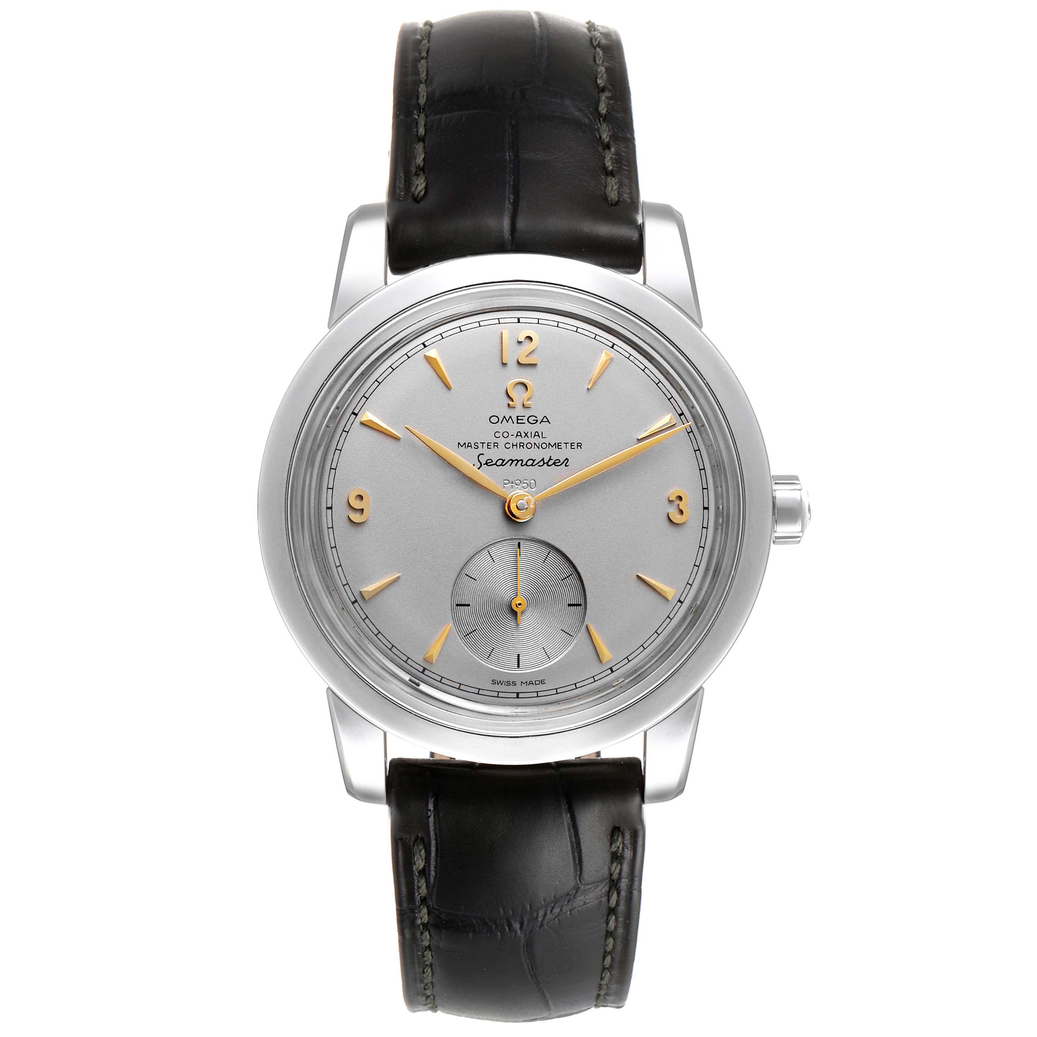 The image shows a front view of the Omega Seamaster Museum model watch with a silver dial, black leather strap, and gold hour markers.