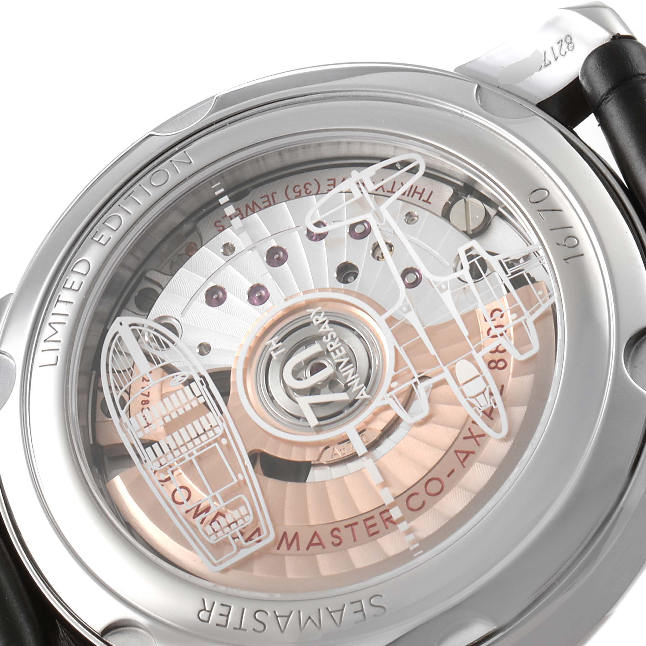 This image shows the back of the Omega Museum 511.93.38.20.99.001 Men's Platinum Silver Dial 511.93.38.20.99.001 Men's Platinum Silver Dial watch, highlighting its transparent case back and intricate movement details.