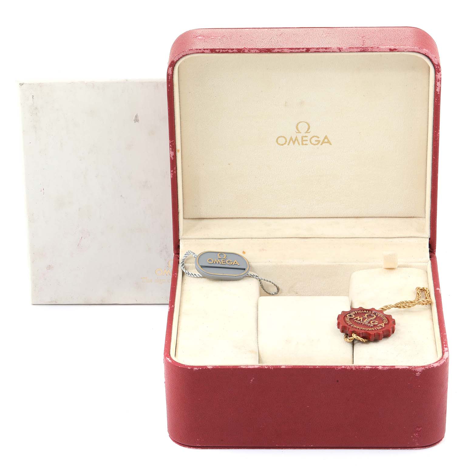 The image shows an open Omega Seamaster 2531.80.00 Men
s Stainless Steel Blue Dial 2531.80.00 Men
s Stainless Steel Blue Dial watch box with tags, viewed from the front.