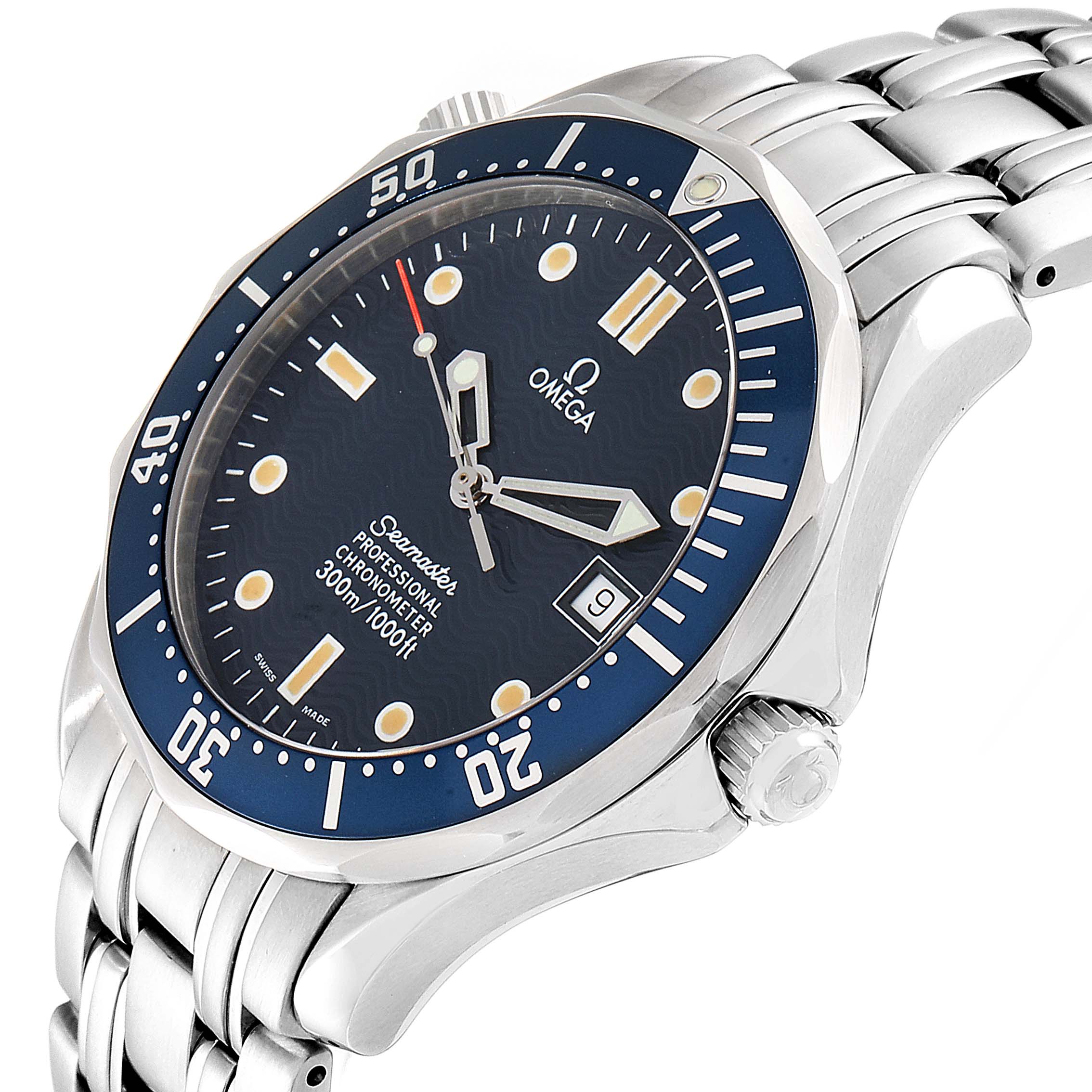 The image shows a side angle of an Omega Seamaster 2531.80.00 Men
s Stainless Steel Blue Dial 2531.80.00 Men
s Stainless Steel Blue Dial watch, highlighting the dial, bezel, crown, and part of the bracelet.