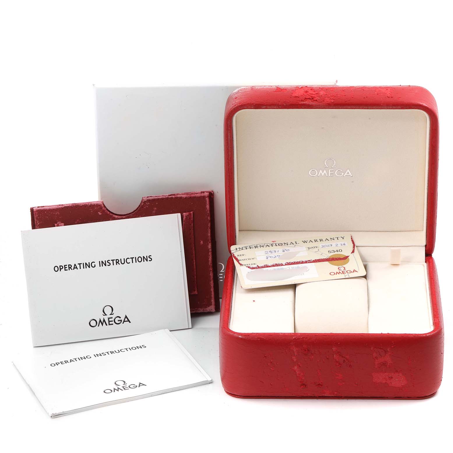 The image shows an Omega Seamaster 2531.80.00 Men
s Stainless Steel Blue Dial 2531.80.00 Men
s Stainless Steel Blue Dial watch box, warranty cards, and operating instructions from a front angle.