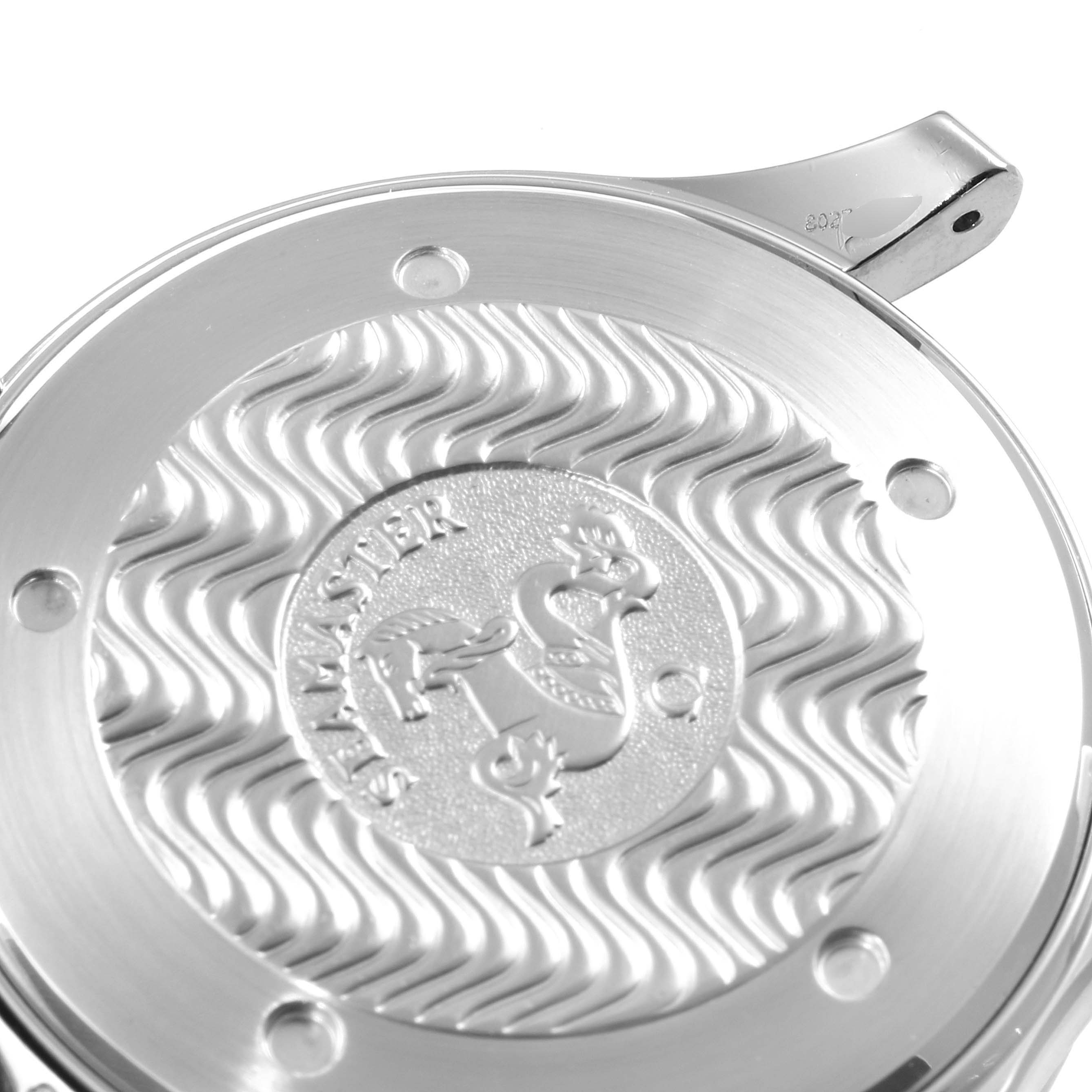 The image shows the engraved back case of an Omega Seamaster 2531.80.00 Men
s Stainless Steel Blue Dial 2531.80.00 Men
s Stainless Steel Blue Dial watch from a close-up angle.