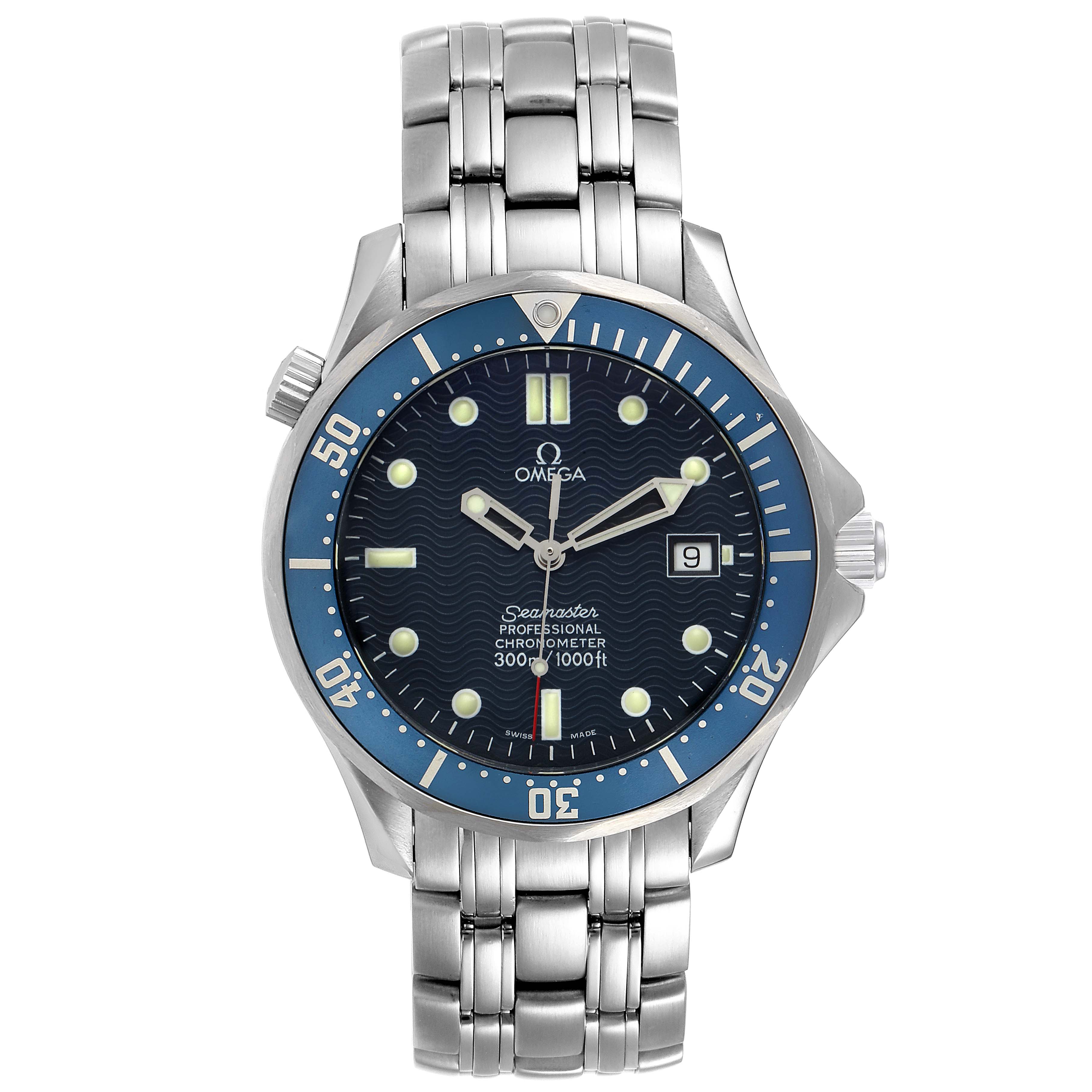 The image shows the Omega Seamaster 2531.80.00 Men
s Stainless Steel Blue Dial 2531.80.00 Men
s Stainless Steel Blue Dial watch from a front angle, highlighting the dial, bezel, and metal bracelet.