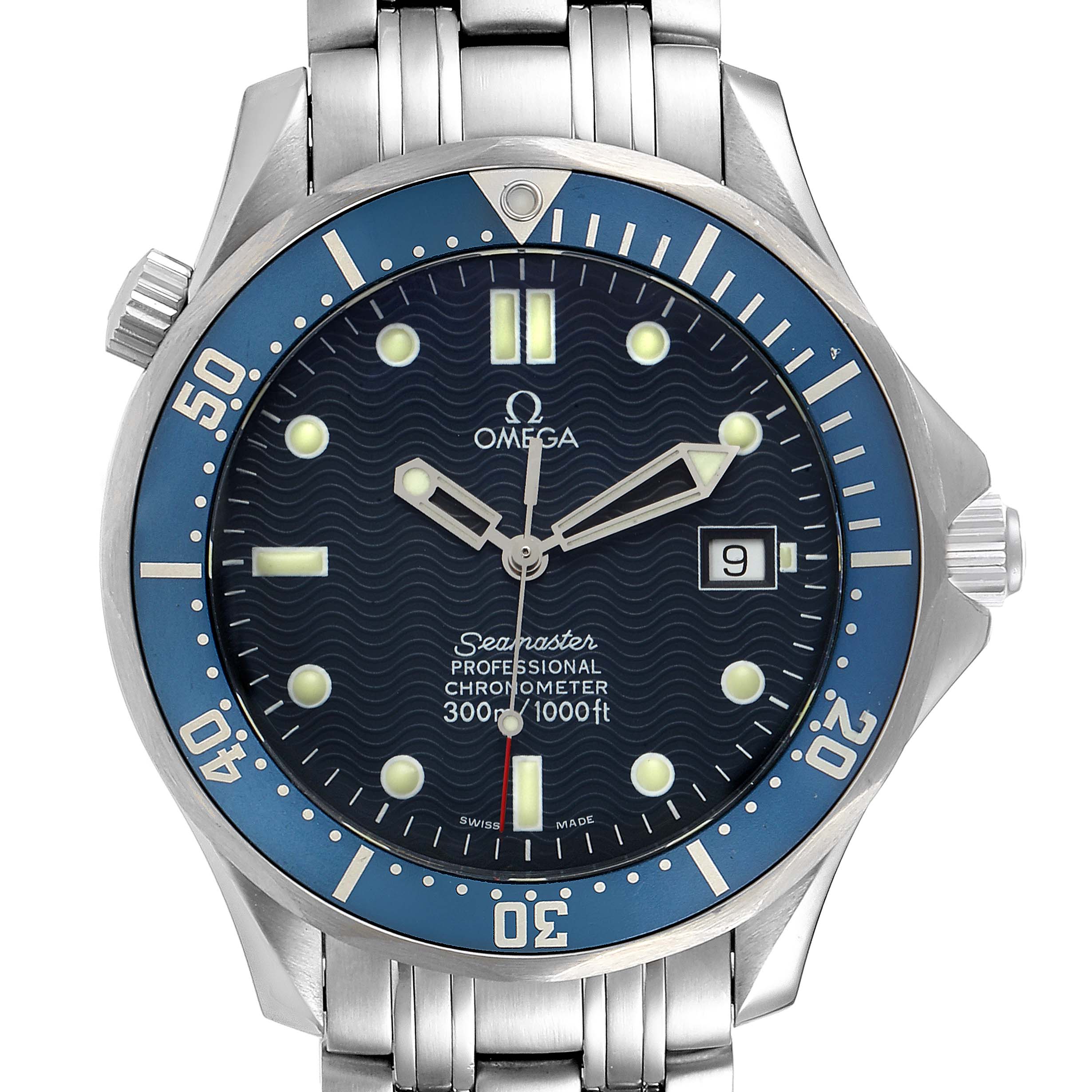 The image shows a front view of the Omega Seamaster 2531.80.00 Men
s Stainless Steel Blue Dial 2531.80.00 Men
s Stainless Steel Blue Dial Professional Chronometer watch, featuring its blue dial, bezel, and stainless steel bracelet.