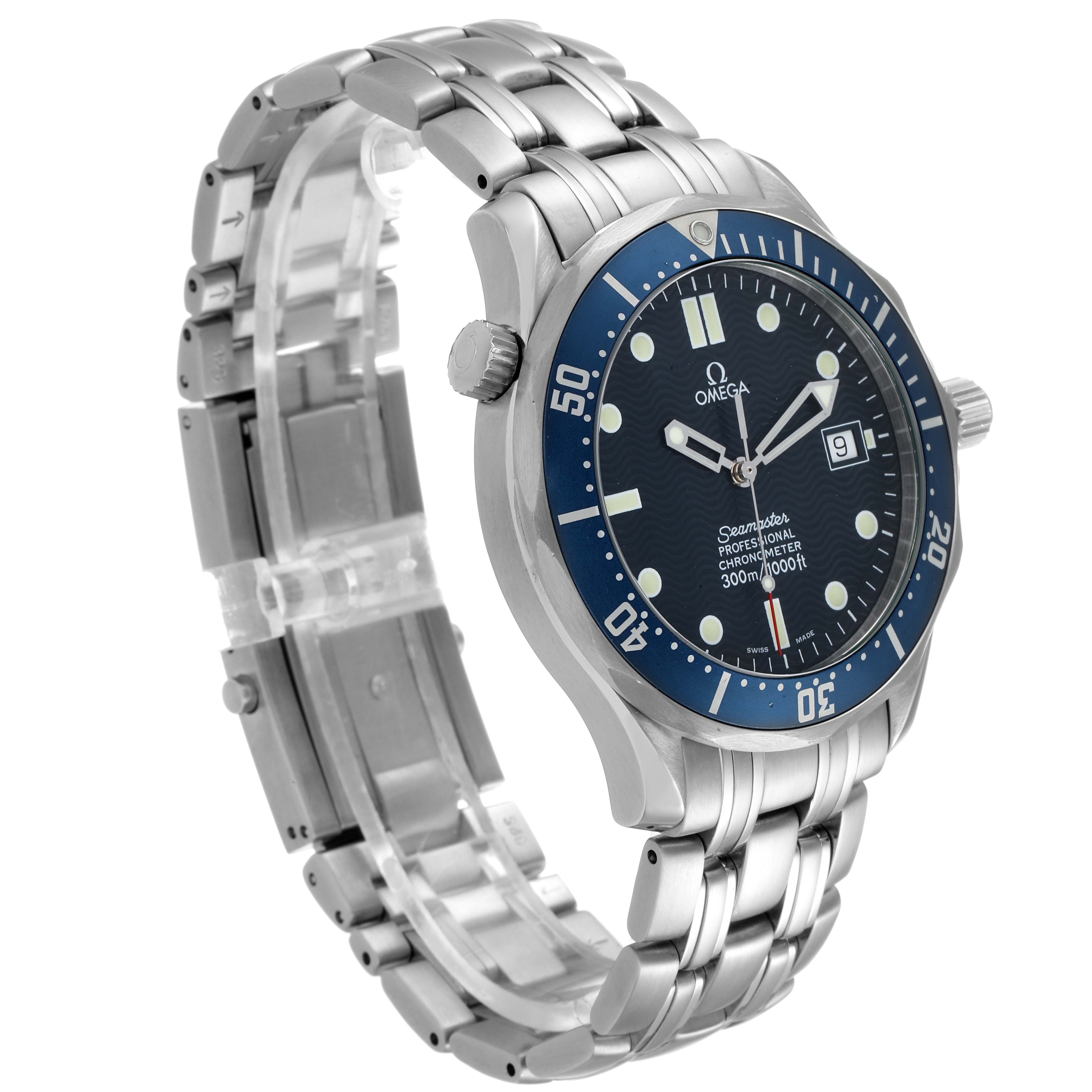 The image shows an Omega Seamaster 2531.80.00 Men
s Stainless Steel Blue Dial 2531.80.00 Men
s Stainless Steel Blue Dial watch at a three-quarter angle, highlighting its dial, bezel, crown, and bracelet.