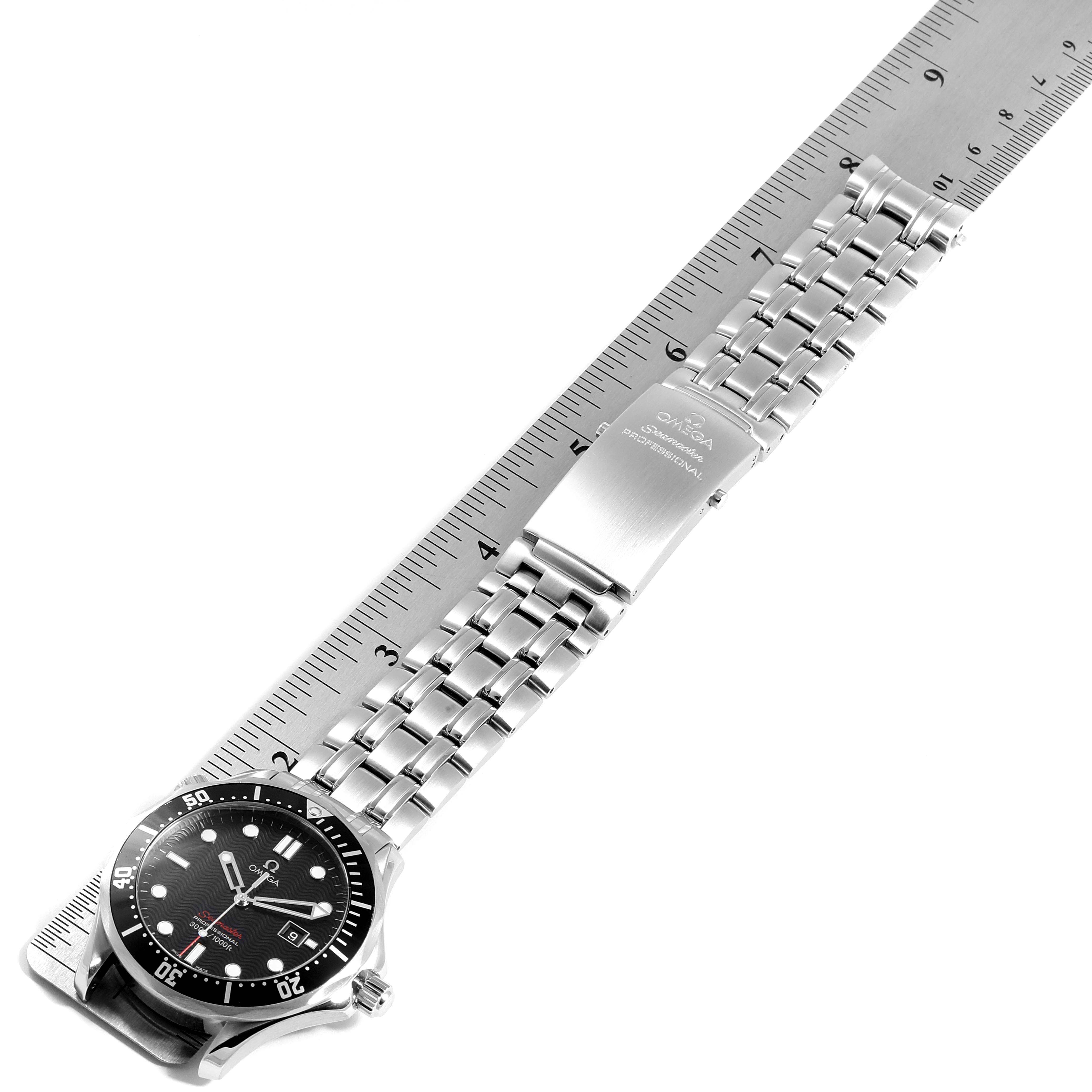 The image shows an Omega Seamaster 212.30.41.61.01.001 Men
s Stainless Steel Black Dial 212.30.41.61.01.001 Men
s Stainless Steel Black Dial watch laid flat from a top-down view, displaying the face, crown, model-engraved clasp, and stainless steel bracelet.