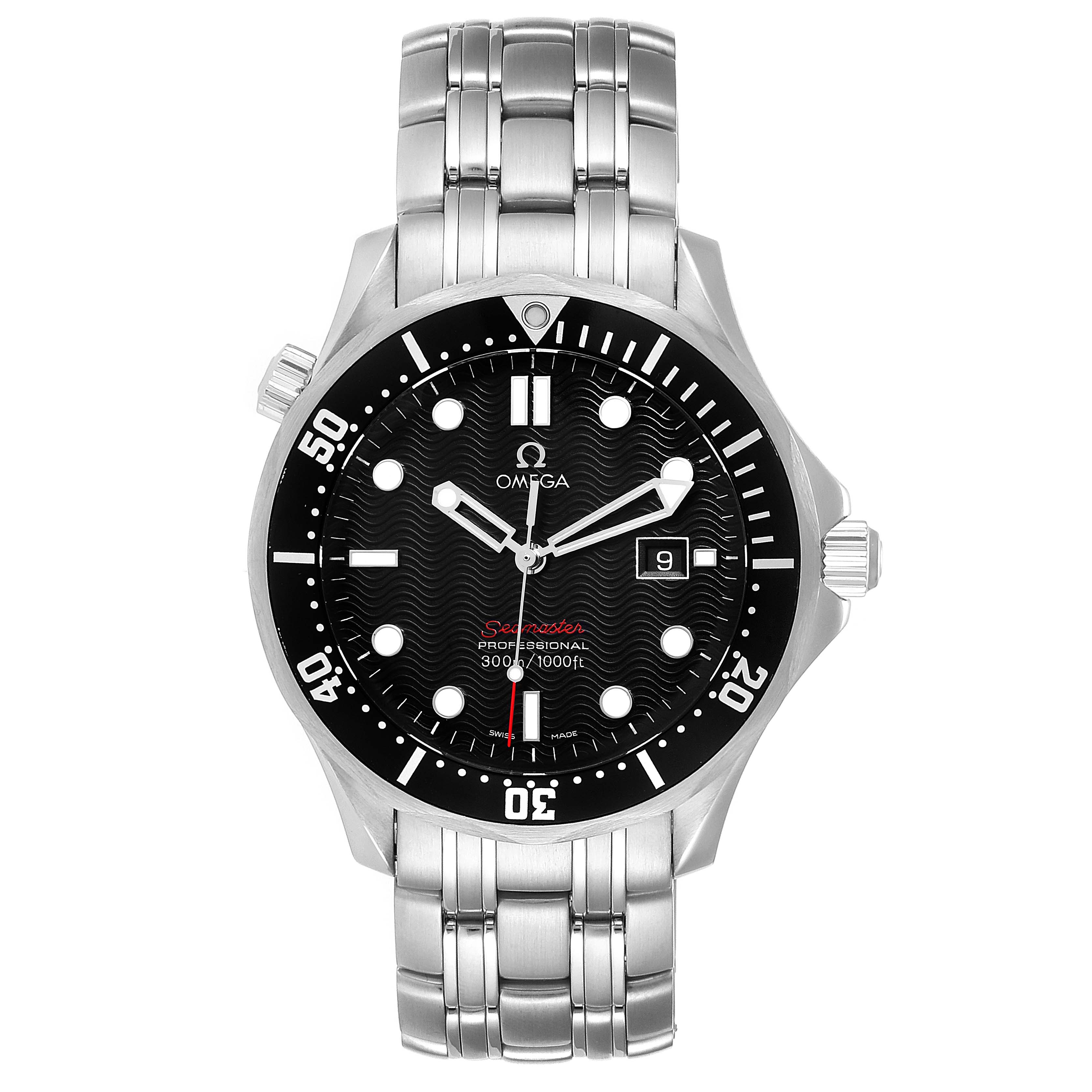 This image shows a front view of the Omega Seamaster 212.30.41.61.01.001 Men
s Stainless Steel Black Dial 212.30.41.61.01.001 Men
s Stainless Steel Black Dial watch, displaying its face, bezel, and metal bracelet.