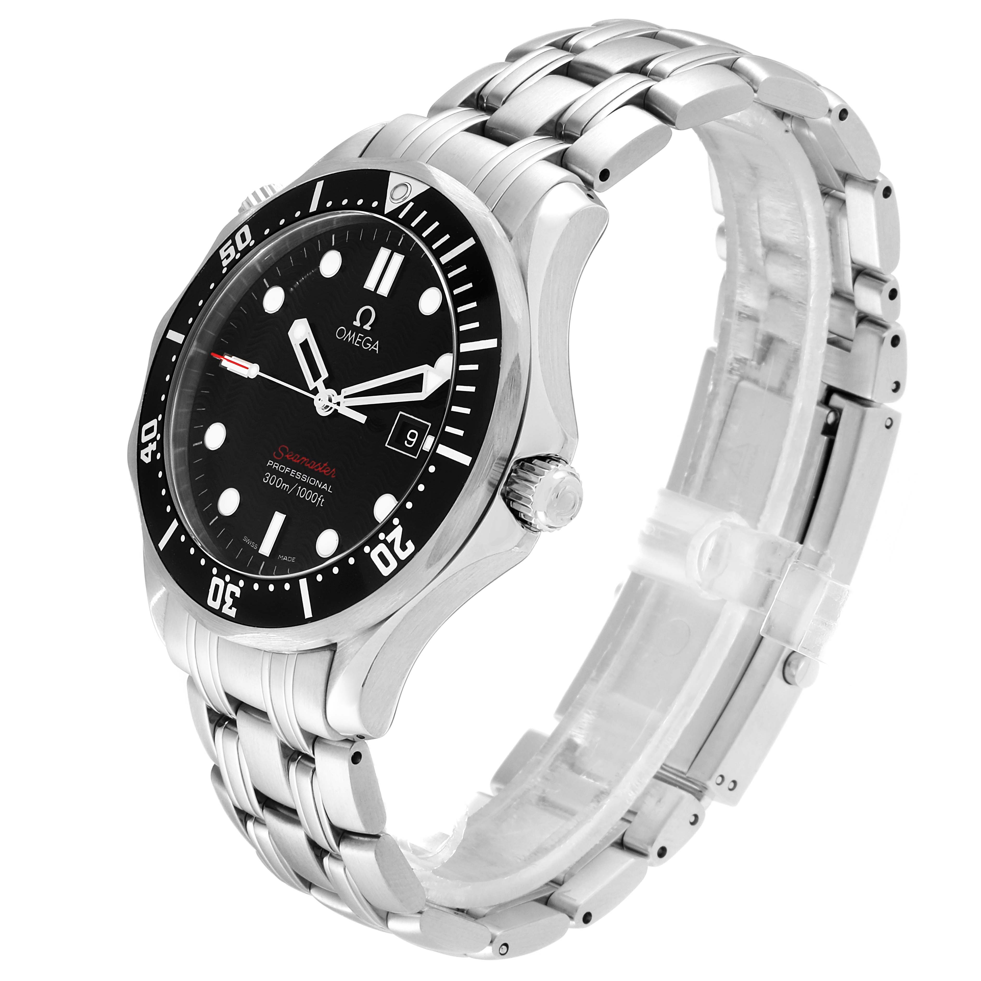 The image shows an angled view of the Omega Seamaster 212.30.41.61.01.001 Men
s Stainless Steel Black Dial 212.30.41.61.01.001 Men
s Stainless Steel Black Dial watch, highlighting the face, bezel, and metal bracelet.