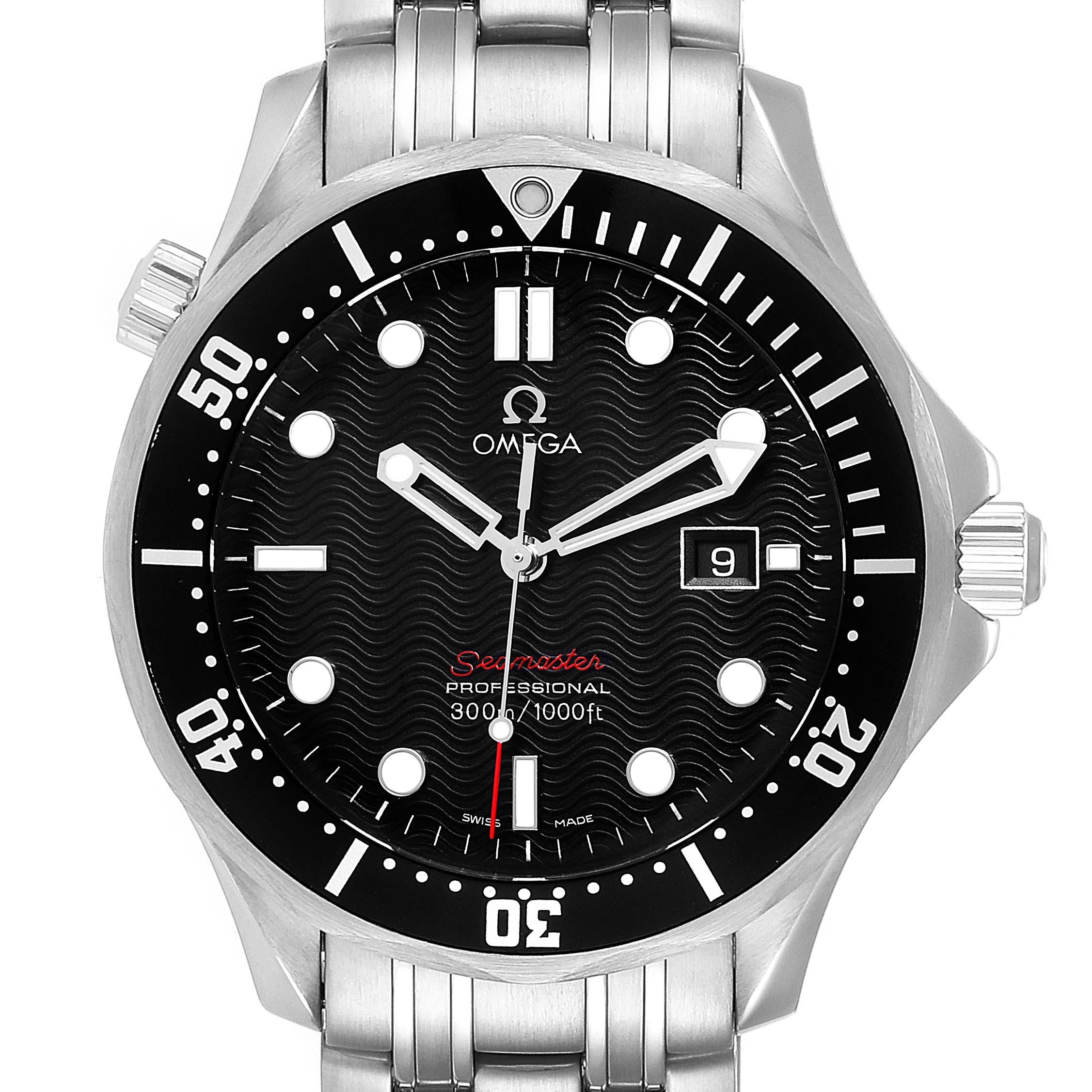 The image shows a front view of an Omega Seamaster 212.30.41.61.01.001 Men
s Stainless Steel Black Dial 212.30.41.61.01.001 Men
s Stainless Steel Black Dial watch, displaying the dial, bezel, and part of the bracelet.