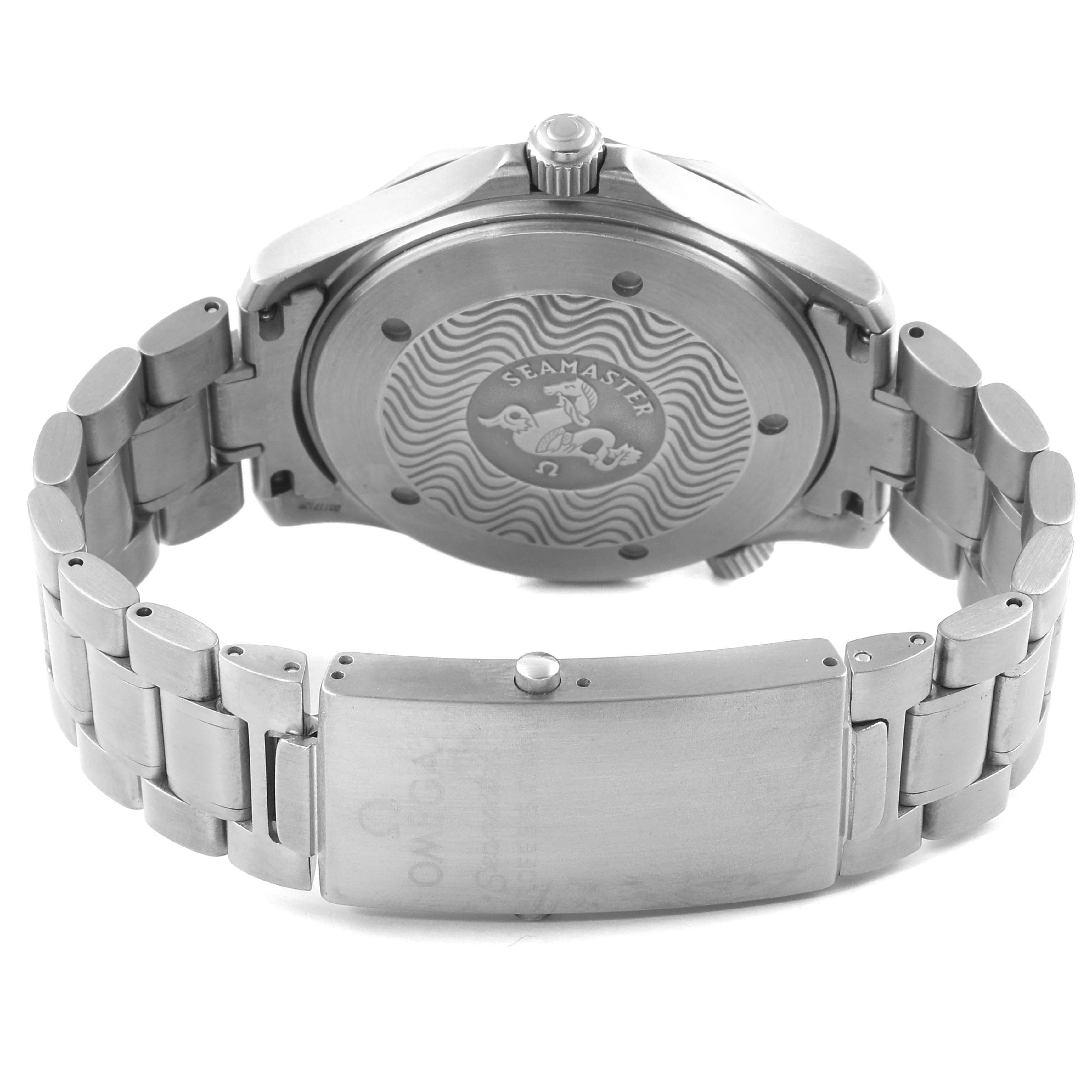 This image shows the back case and metal bracelet clasp of an Omega Seamaster 2231.50.00 Men's Titanium Black Dial 2231.50.00 Men's Titanium Black Dial watch.