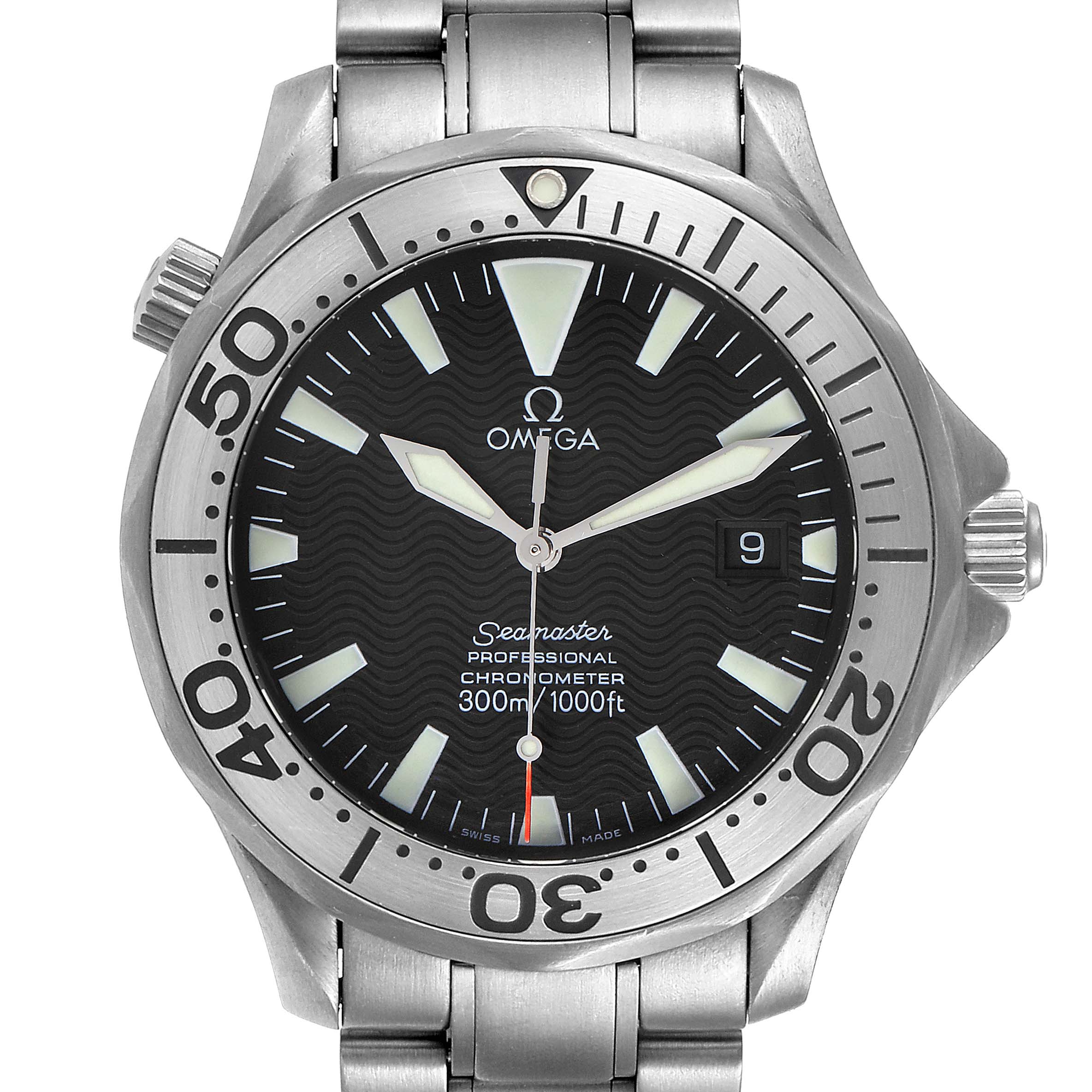 The Omega Seamaster 2231.50.00 Men's Titanium Black Dial 2231.50.00 Men's Titanium Black Dial watch is displayed from a front angle, showing the face, bezel, case, and part of the bracelet.