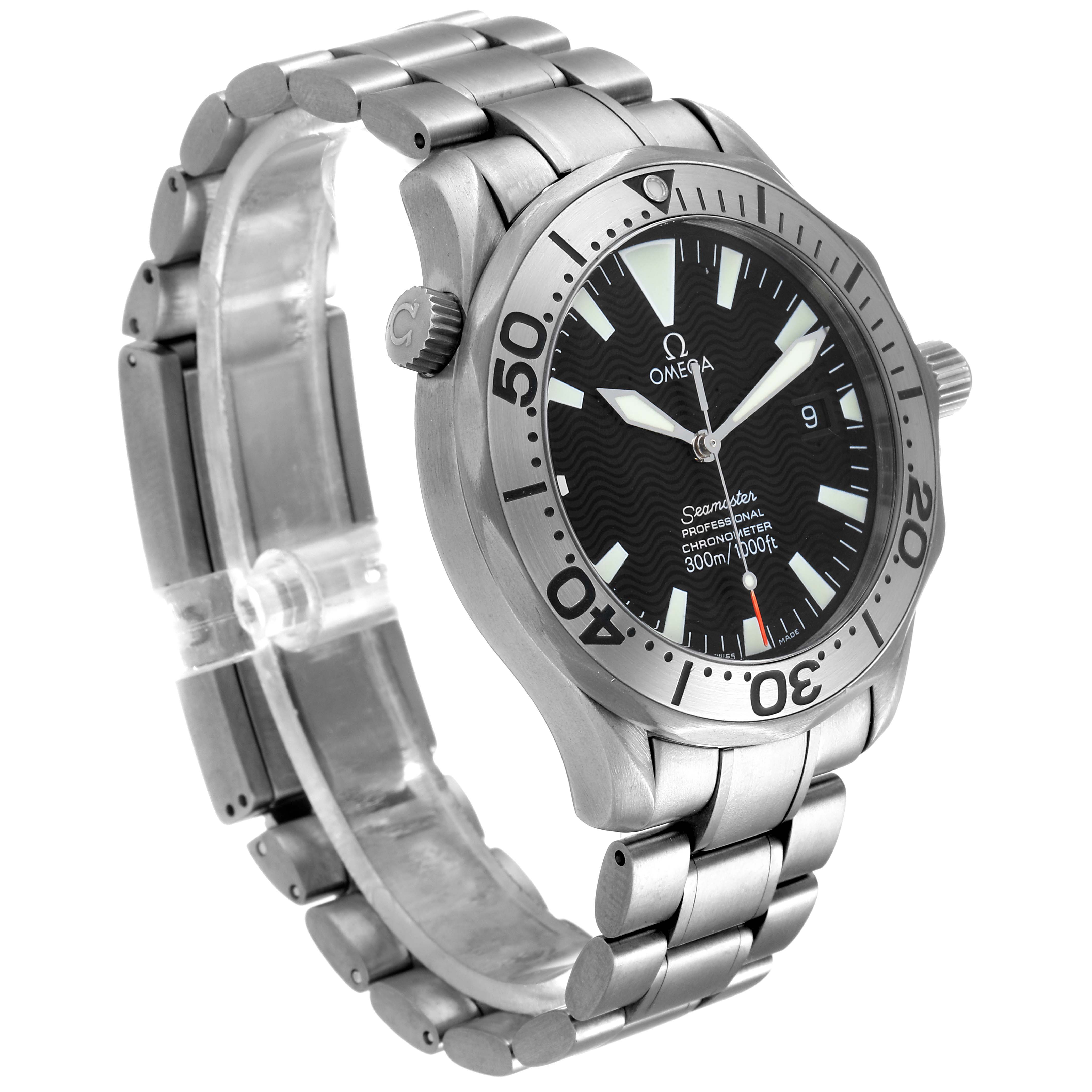The Omega Seamaster 2231.50.00 Men's Titanium Black Dial 2231.50.00 Men's Titanium Black Dial watch is shown at a three-quarter angle, highlighting the dial, bezel, and stainless steel bracelet.