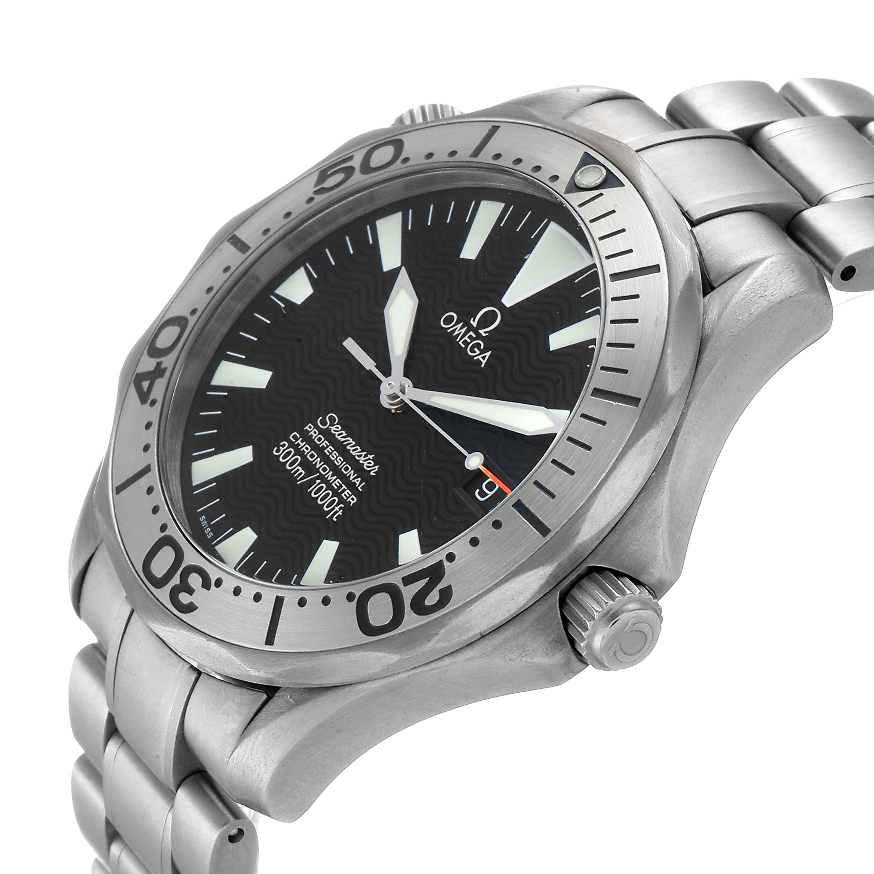 The image shows the Omega Seamaster 2231.50.00 Men's Titanium Black Dial 2231.50.00 Men's Titanium Black Dial watch from an angled view, highlighting the dial, bezel, crown, and part of the bracelet.