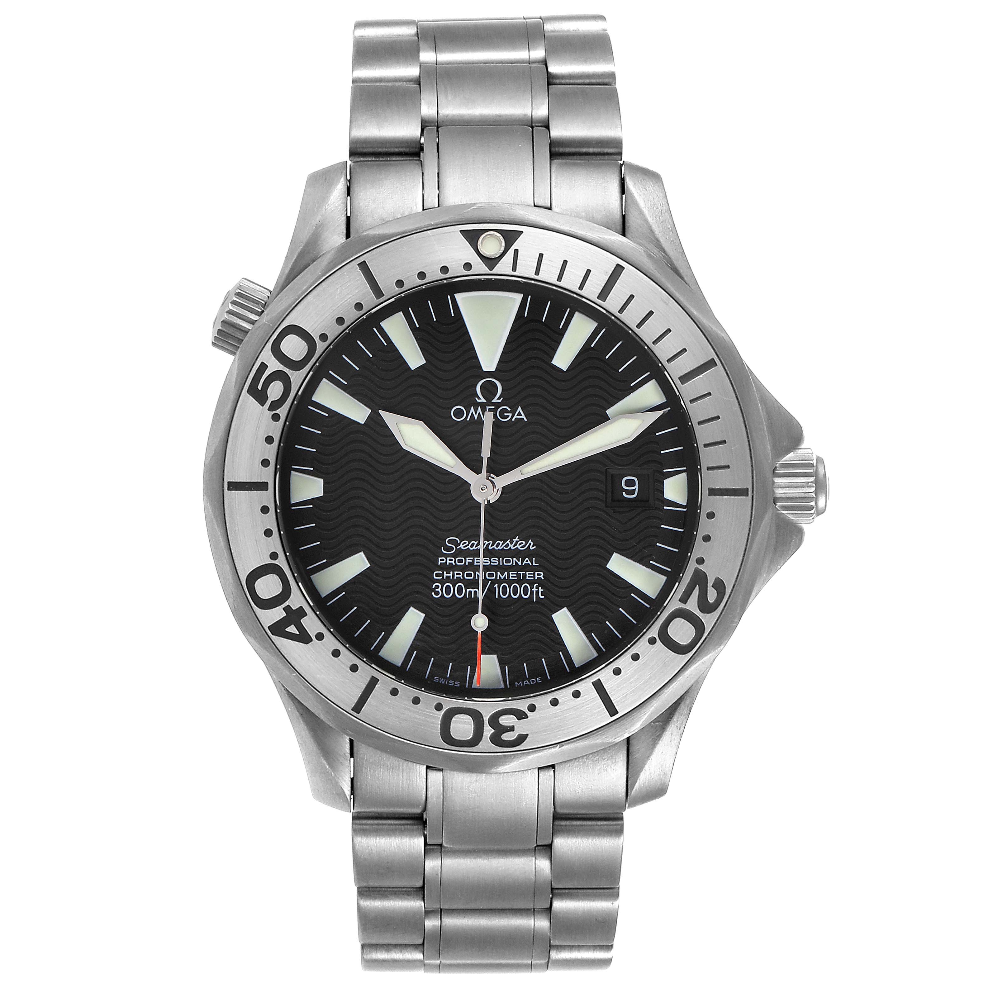 The image shows a front view of an Omega Seamaster 2231.50.00 Men's Titanium Black Dial 2231.50.00 Men's Titanium Black Dial watch, displaying the face, bezel, and metal bracelet.