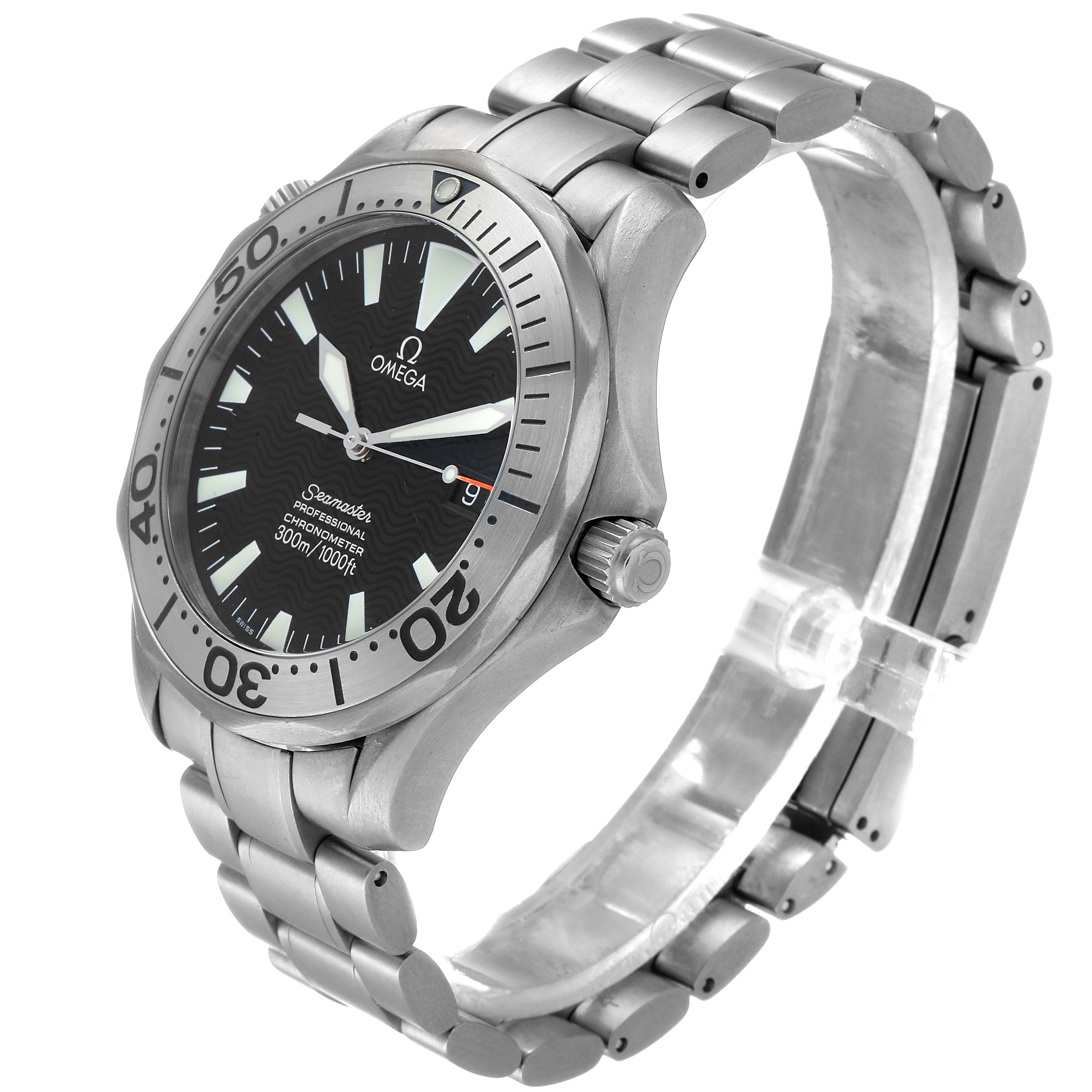 The image shows a side-angle view of the Omega Seamaster 2231.50.00 Men's Titanium Black Dial 2231.50.00 Men's Titanium Black Dial, displaying the bezel, dial, crown, and bracelet.