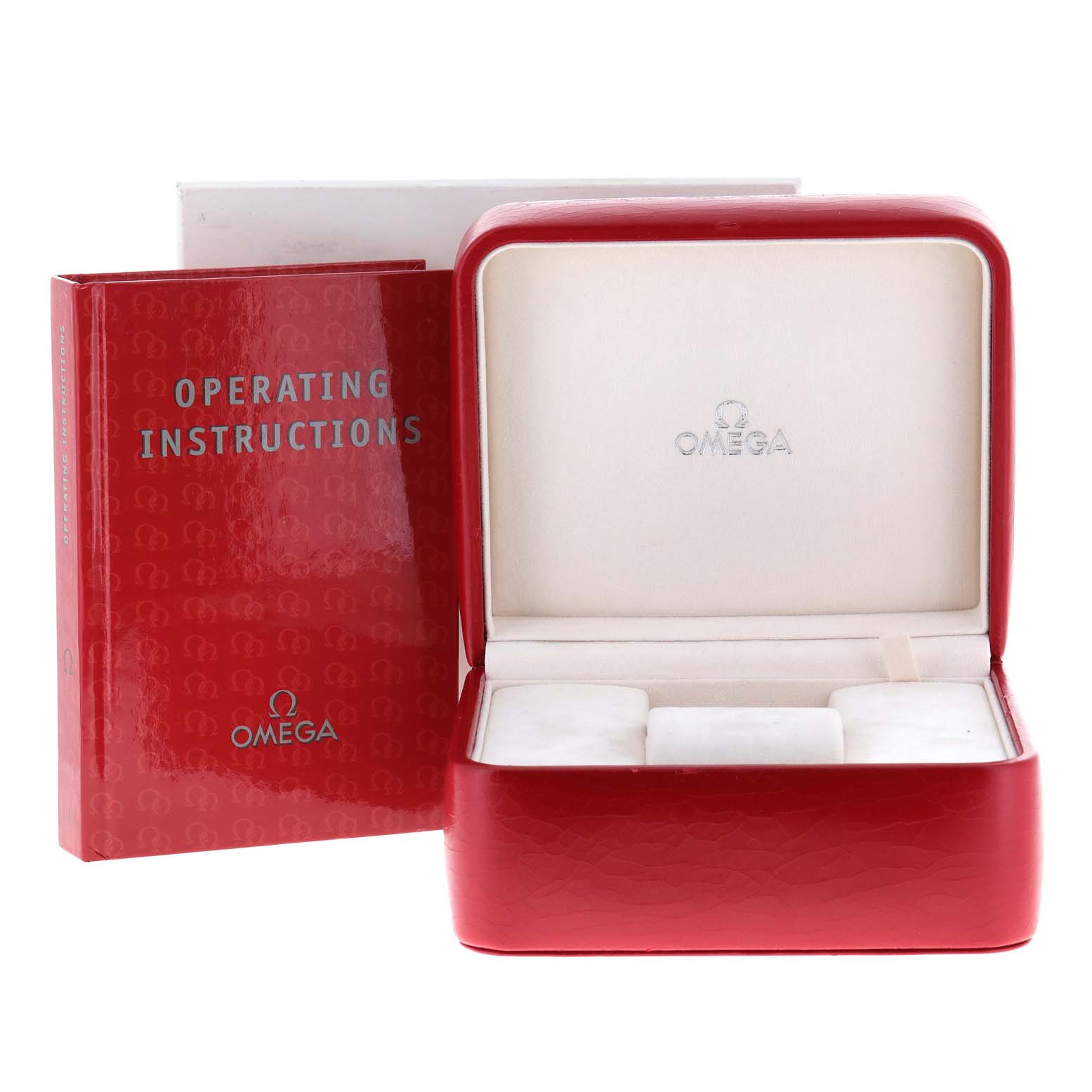 The image shows the instruction booklet and open watch box for the Omega Seamaster 2231.50.00 Men's Titanium Black Dial 2231.50.00 Men's Titanium Black Dial model.