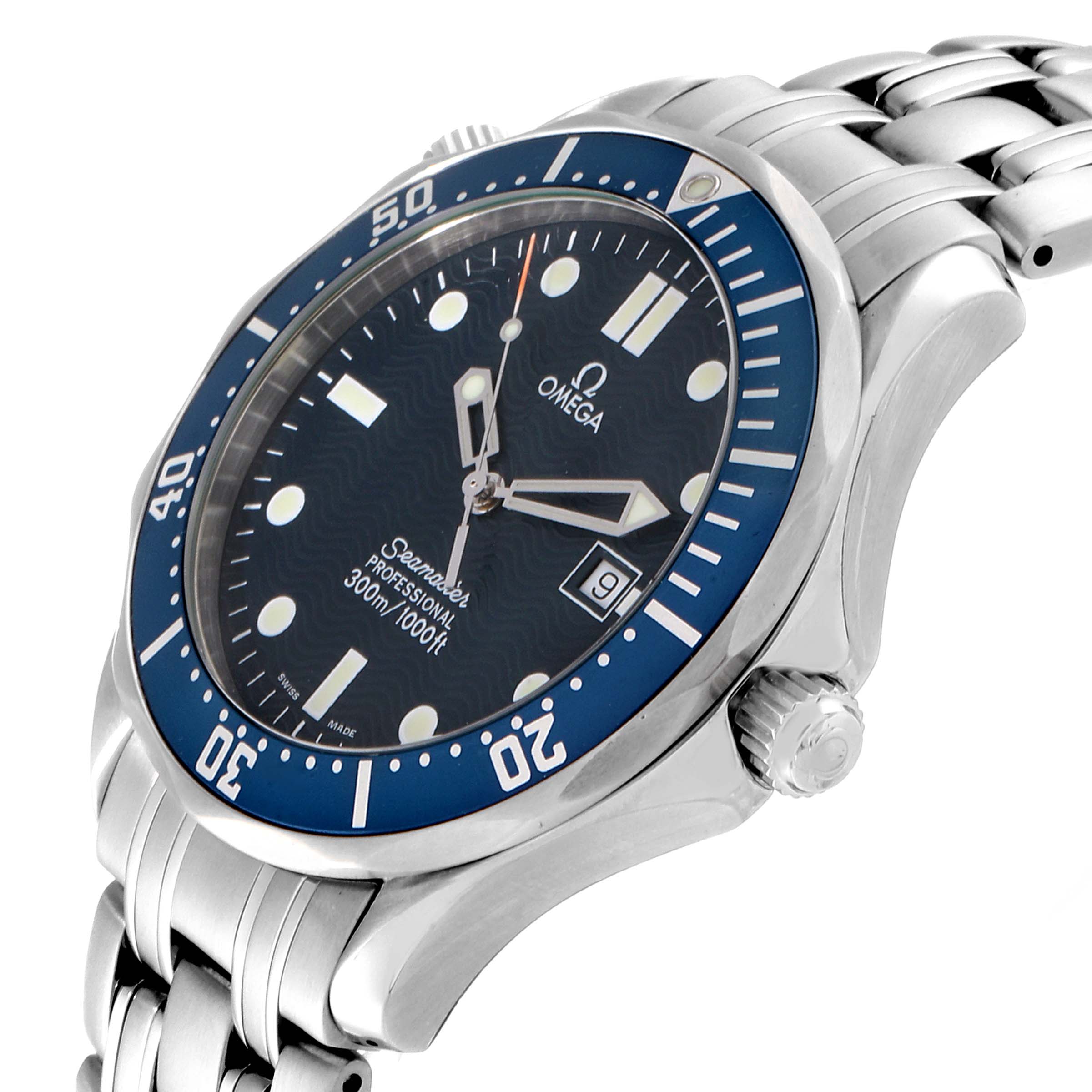 This Omega Seamaster 2541.80.00 Men
s Stainless Steel Blue Dial 2541.80.00 Men
s Stainless Steel Blue Dial watch is shown at an angled side view, displaying the face, bezel, crown, and stainless steel bracelet.