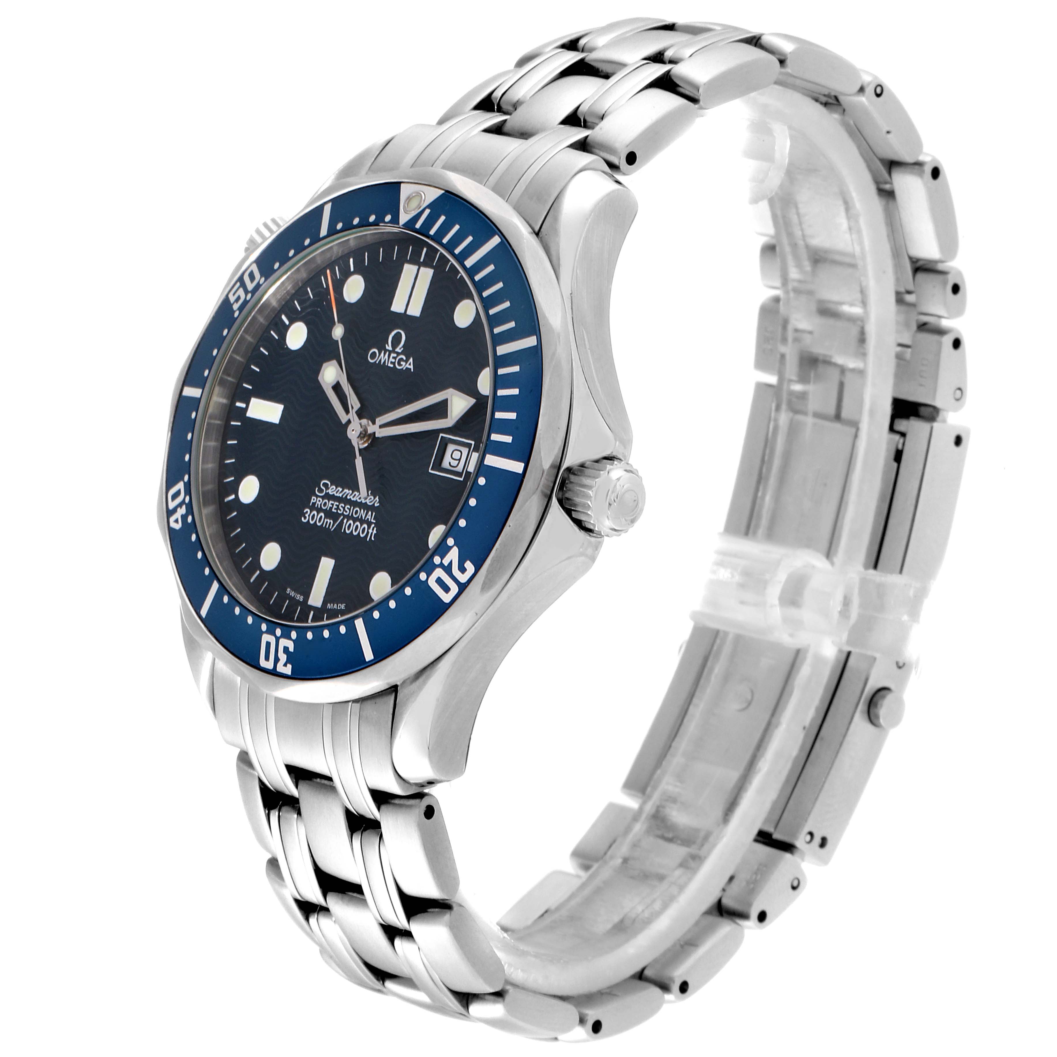 The Omega Seamaster 2541.80.00 Men
s Stainless Steel Blue Dial 2541.80.00 Men
s Stainless Steel Blue Dial watch is shown from an angled perspective, highlighting the dial, bezel, crown, and stainless steel bracelet.