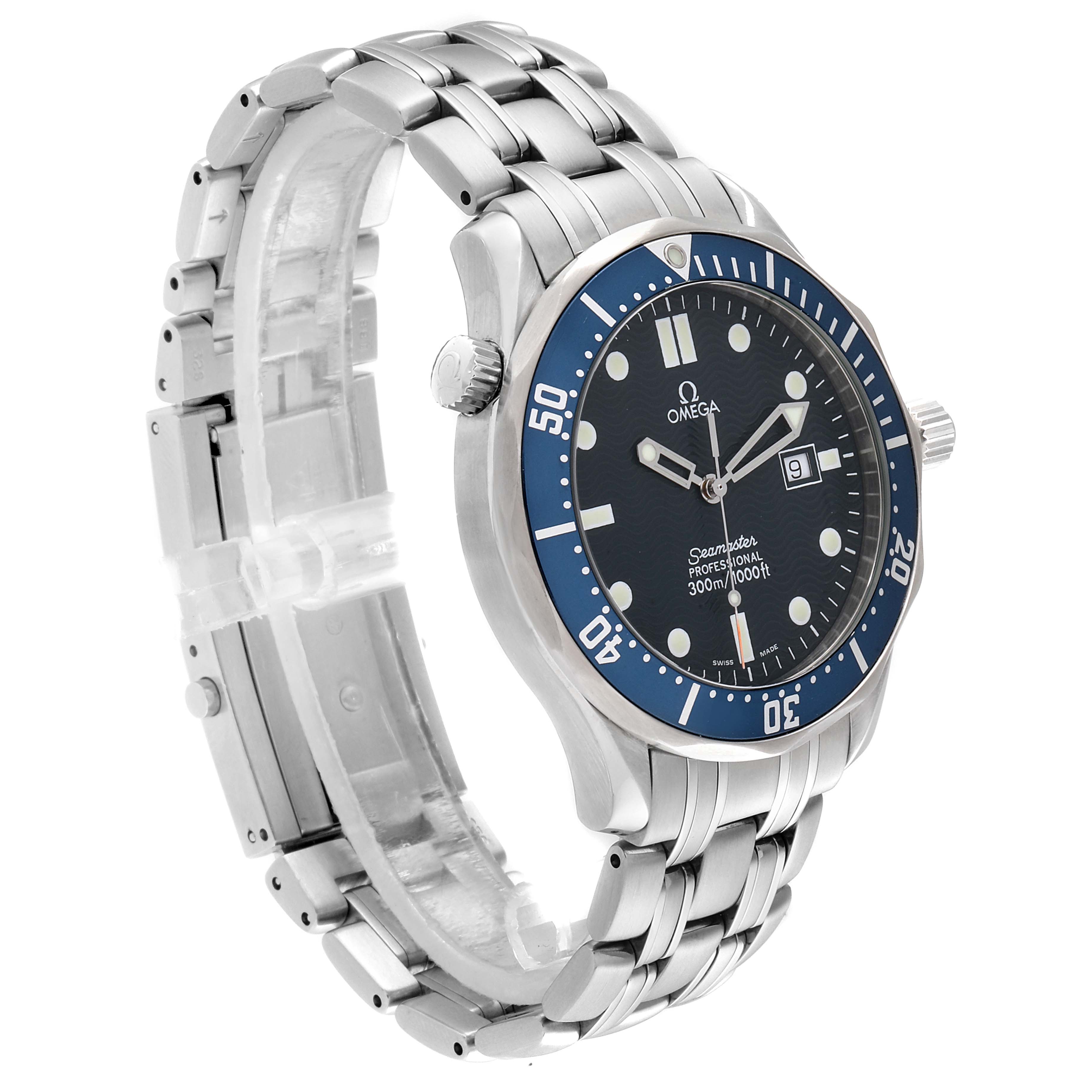 The image displays a side angle of an Omega Seamaster 2541.80.00 Men
s Stainless Steel Blue Dial 2541.80.00 Men
s Stainless Steel Blue Dial watch, showing the face, bezel, crown, and metal bracelet.