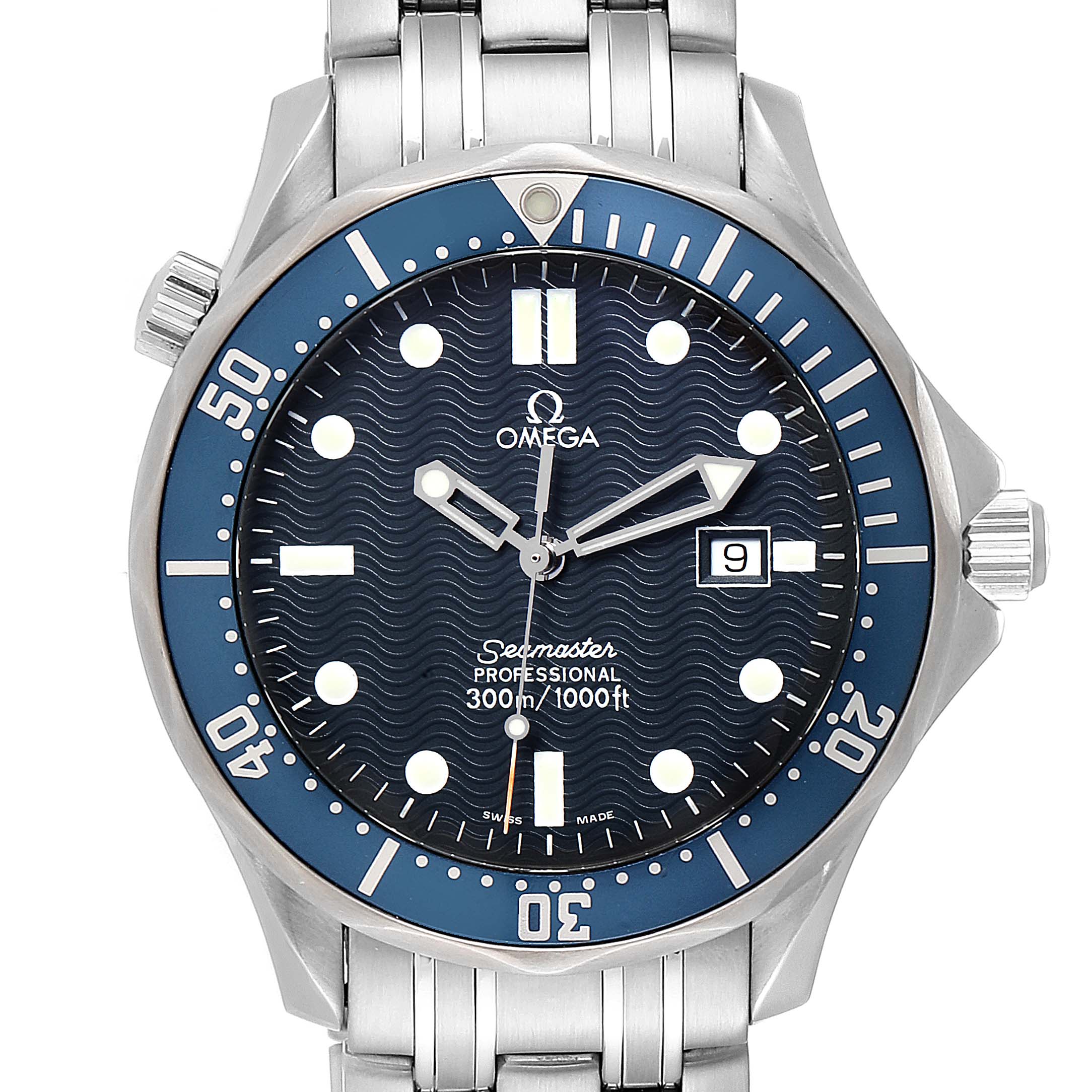 The Omega Seamaster 2541.80.00 Men
s Stainless Steel Blue Dial 2541.80.00 Men
s Stainless Steel Blue Dial watch is shown from a front angle, displaying the dial, bezel, crown, and bracelet.