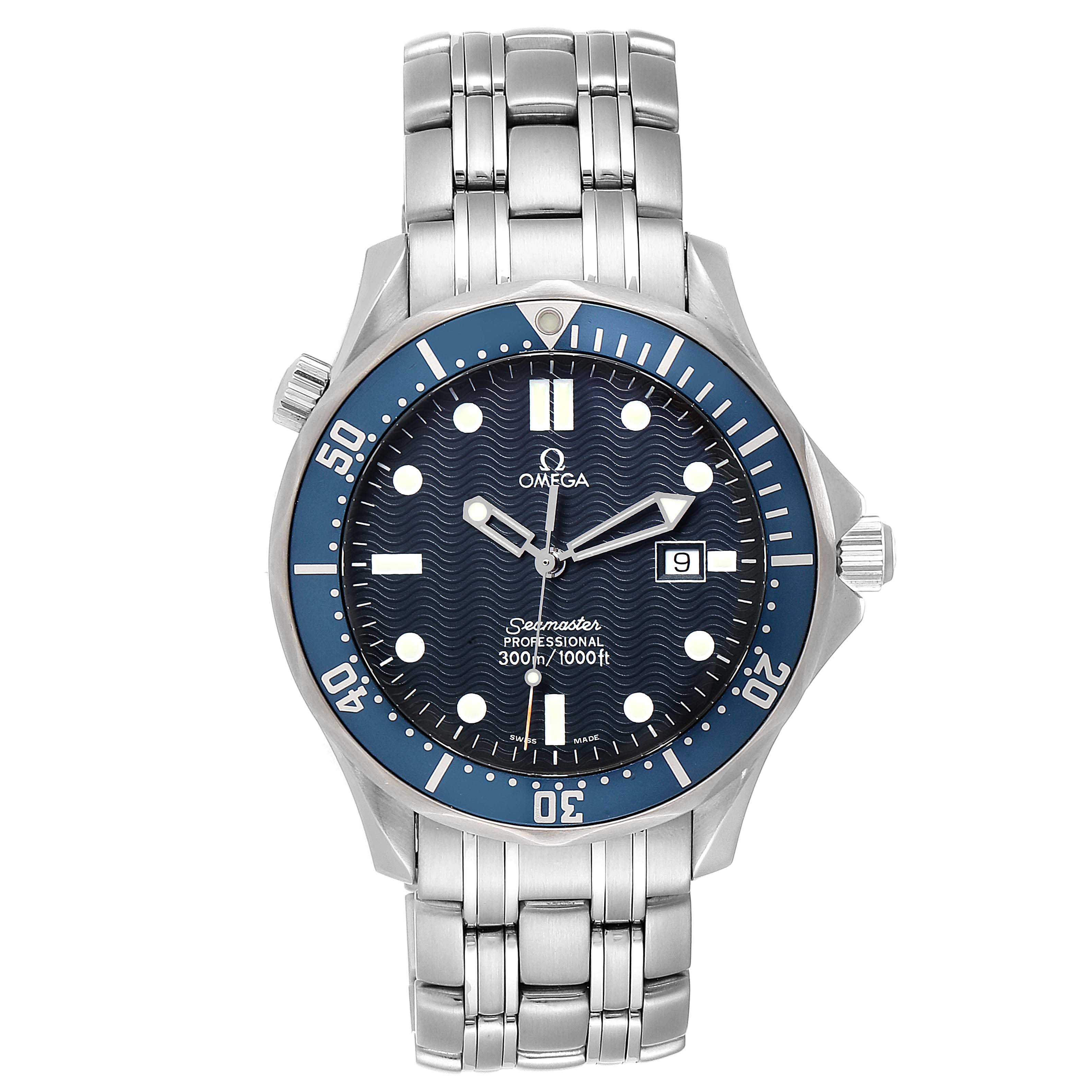 The image shows a front view of an Omega Seamaster 2541.80.00 Men
s Stainless Steel Blue Dial 2541.80.00 Men
s Stainless Steel Blue Dial watch, highlighting the dial, bezel, bracelet, and crown.