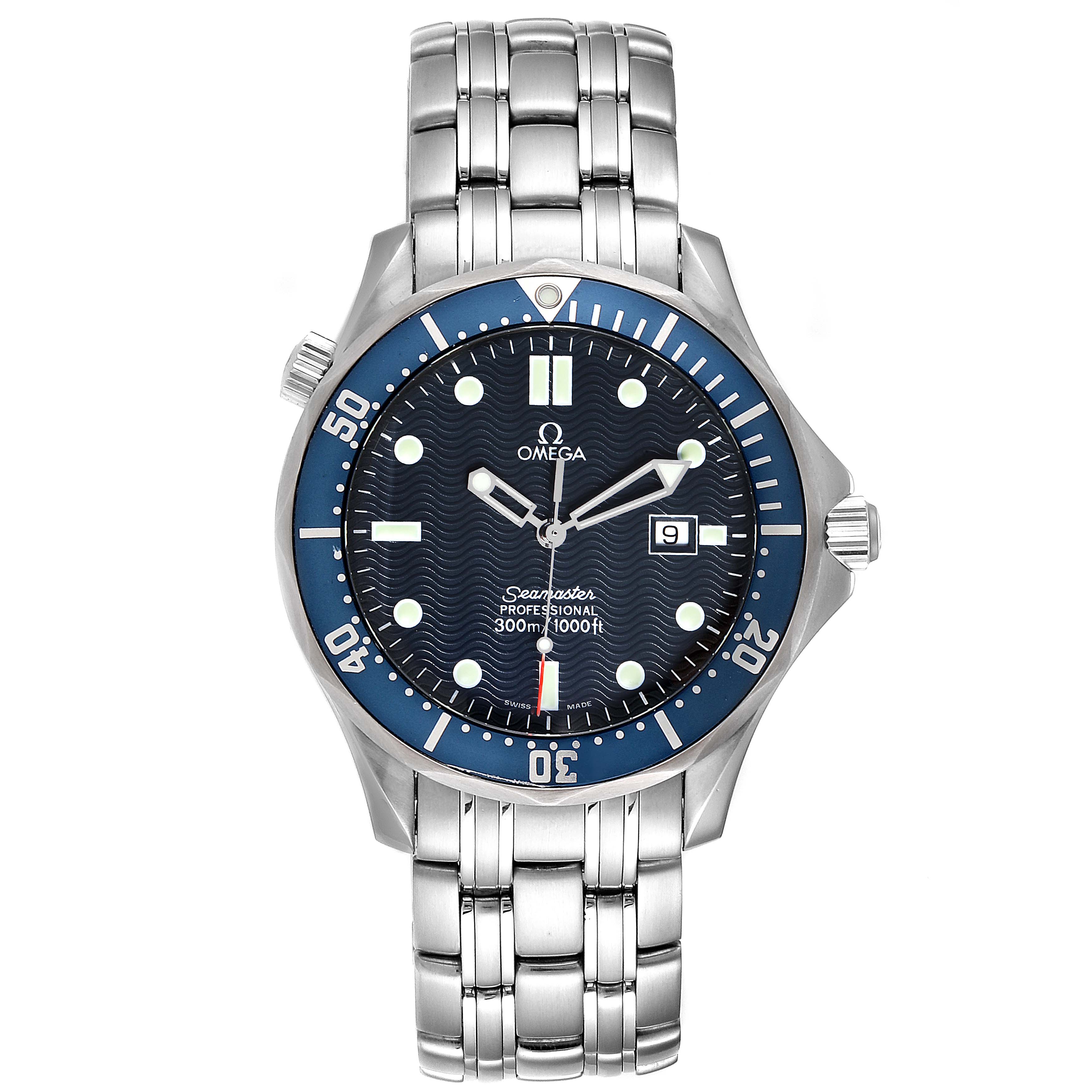 The Omega Seamaster 2541.80.00 Men
s Stainless Steel Blue Dial 2541.80.00 Men
s Stainless Steel Blue Dial watch is shown from a front angle, displaying its face, bezel, crown, and metal bracelet.