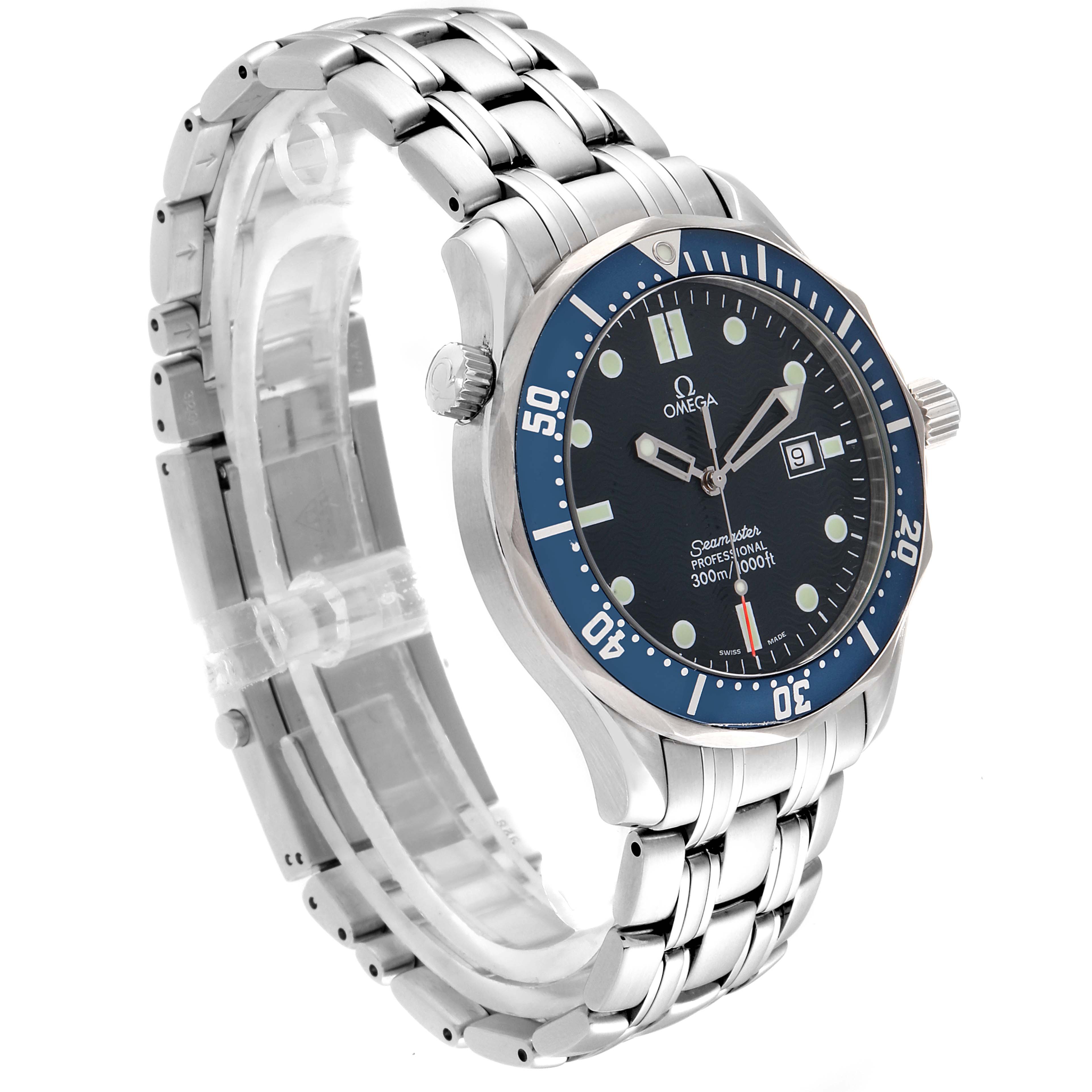 The Omega Seamaster 2541.80.00 Men
s Stainless Steel Blue Dial 2541.80.00 Men
s Stainless Steel Blue Dial watch is shown at an angled side view, highlighting its dial, bezel, crown, and metal bracelet.