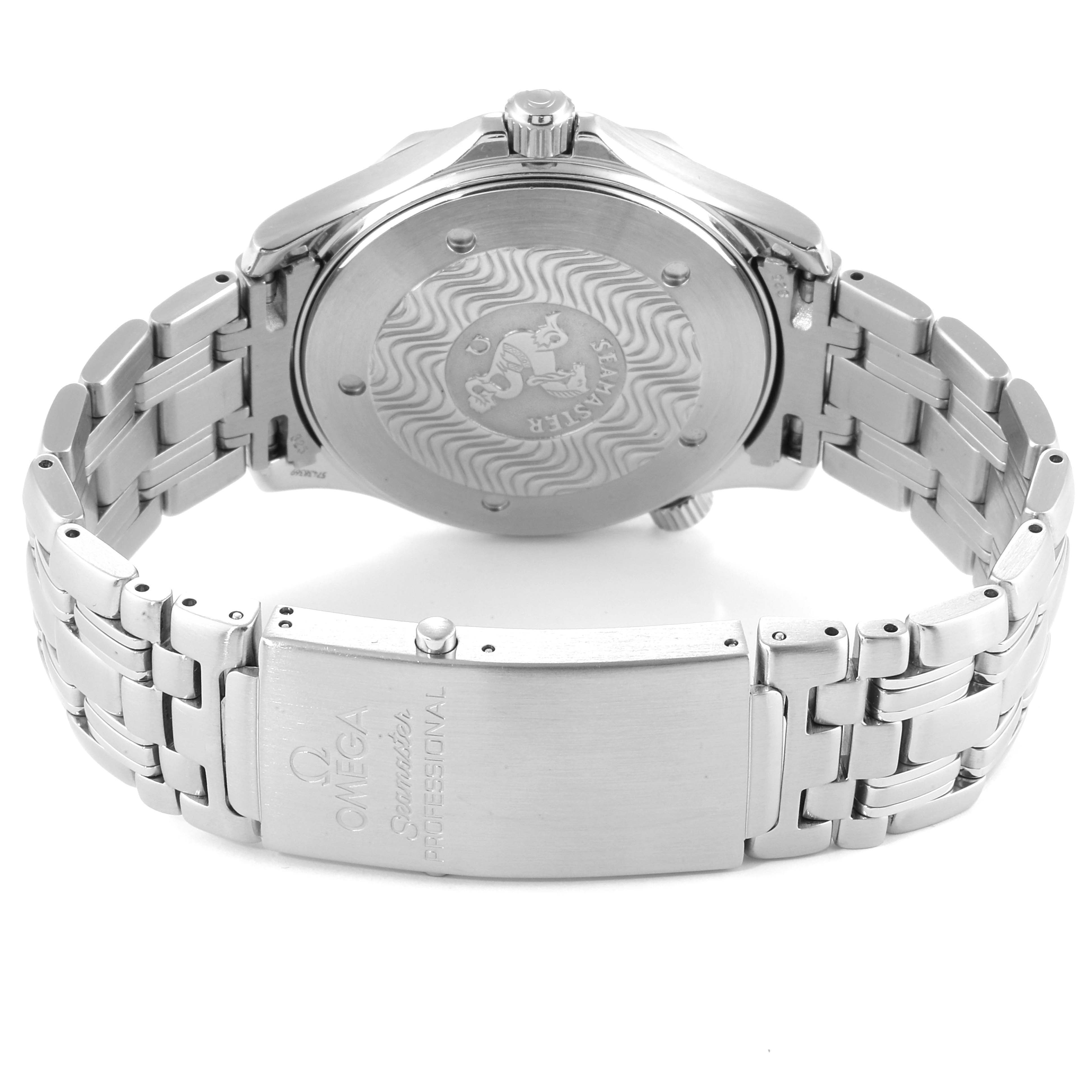 This image shows the back case and clasp of the Omega Seamaster 2541.80.00 Men
s Stainless Steel Blue Dial 2541.80.00 Men
s Stainless Steel Blue Dial watch, taken from a rear angle.