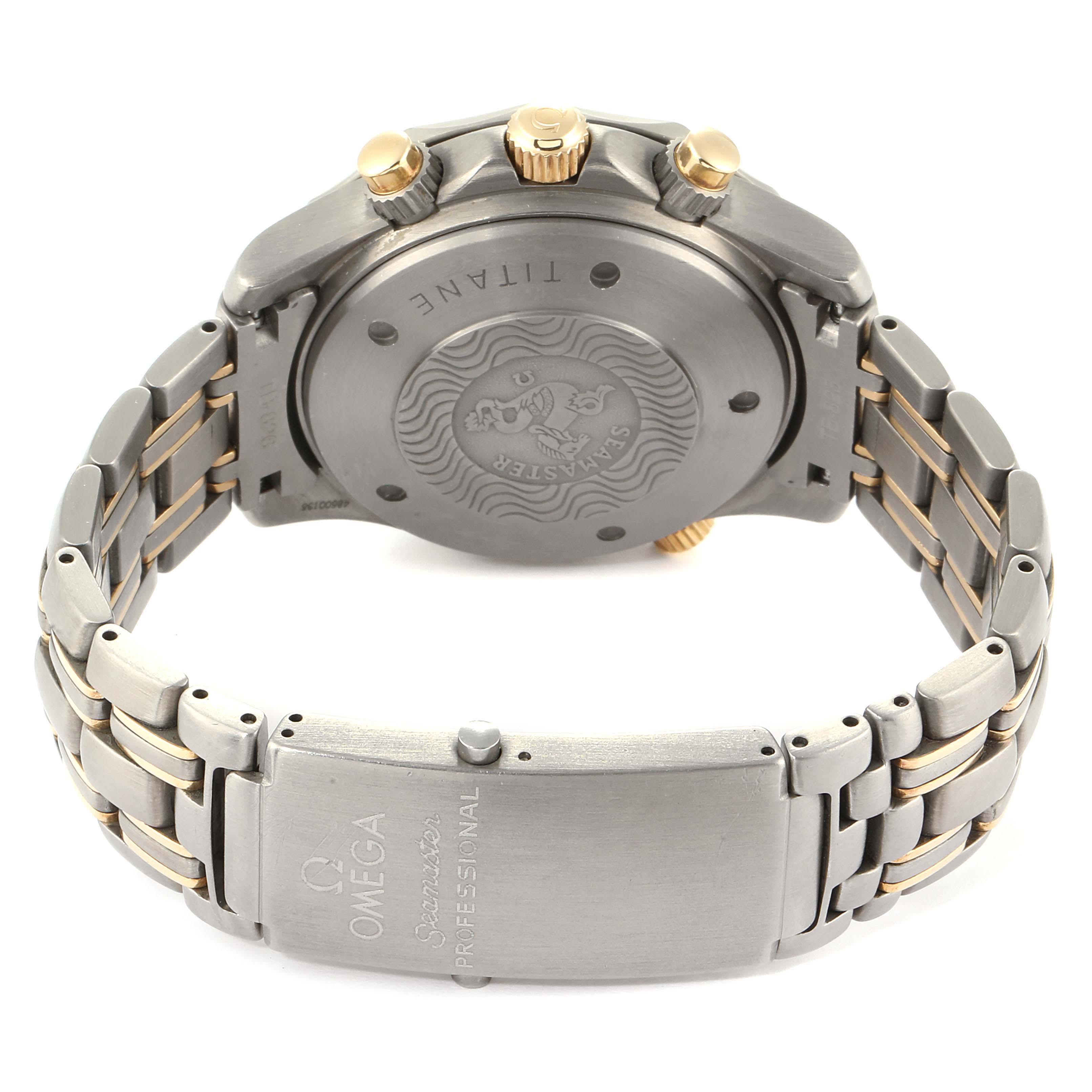 The image shows the back of the Omega Seamaster 2297.80.00 Men
s Titanium Blue Dial 2297.80.00 Men
s Titanium Blue Dial watch, highlighting the titanium case, crown, buttons, and bracelet clasp.